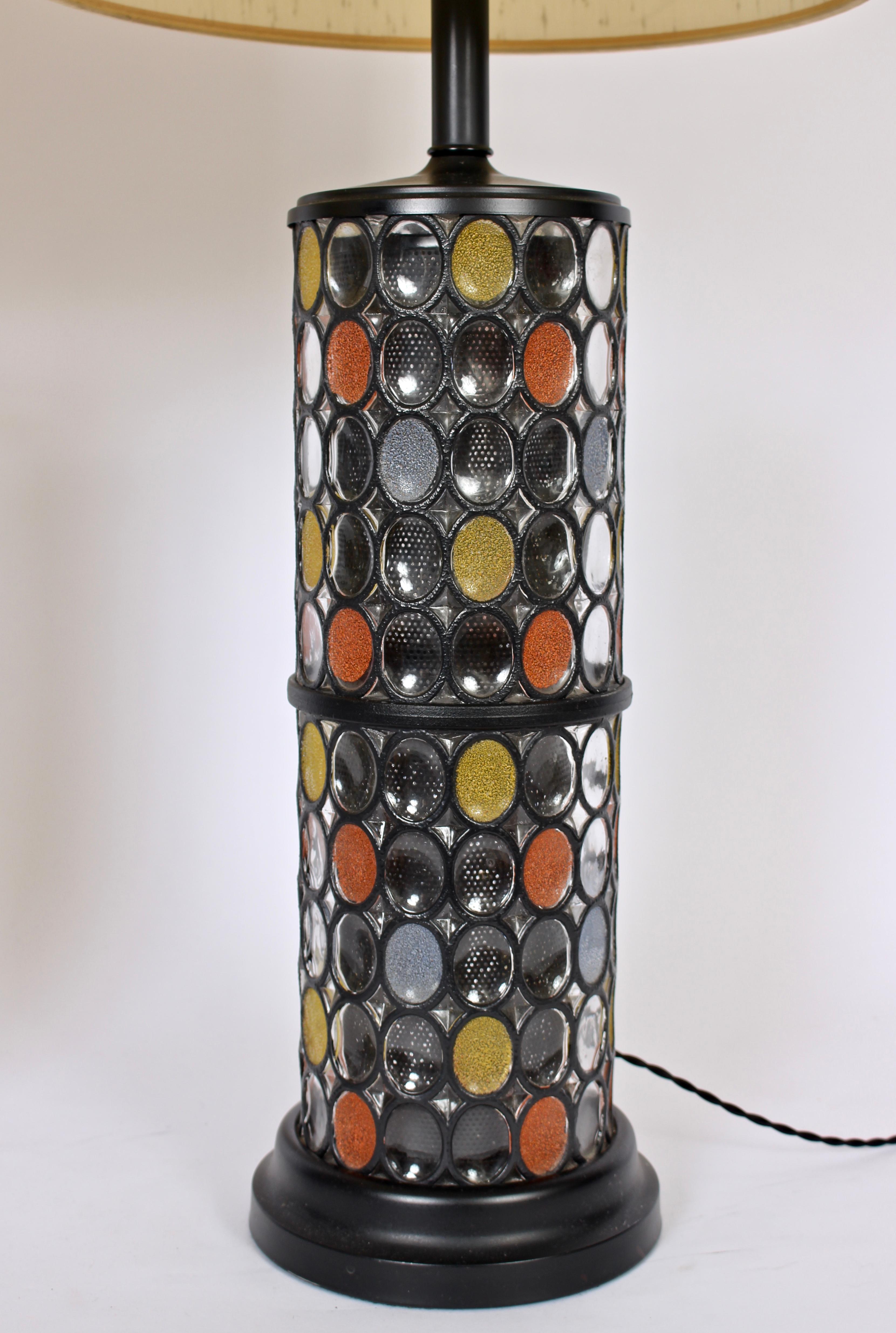 Enameled Monumental Pair of Higgins Style Fused Glass & Black Enamel Table Lamps, 1950s