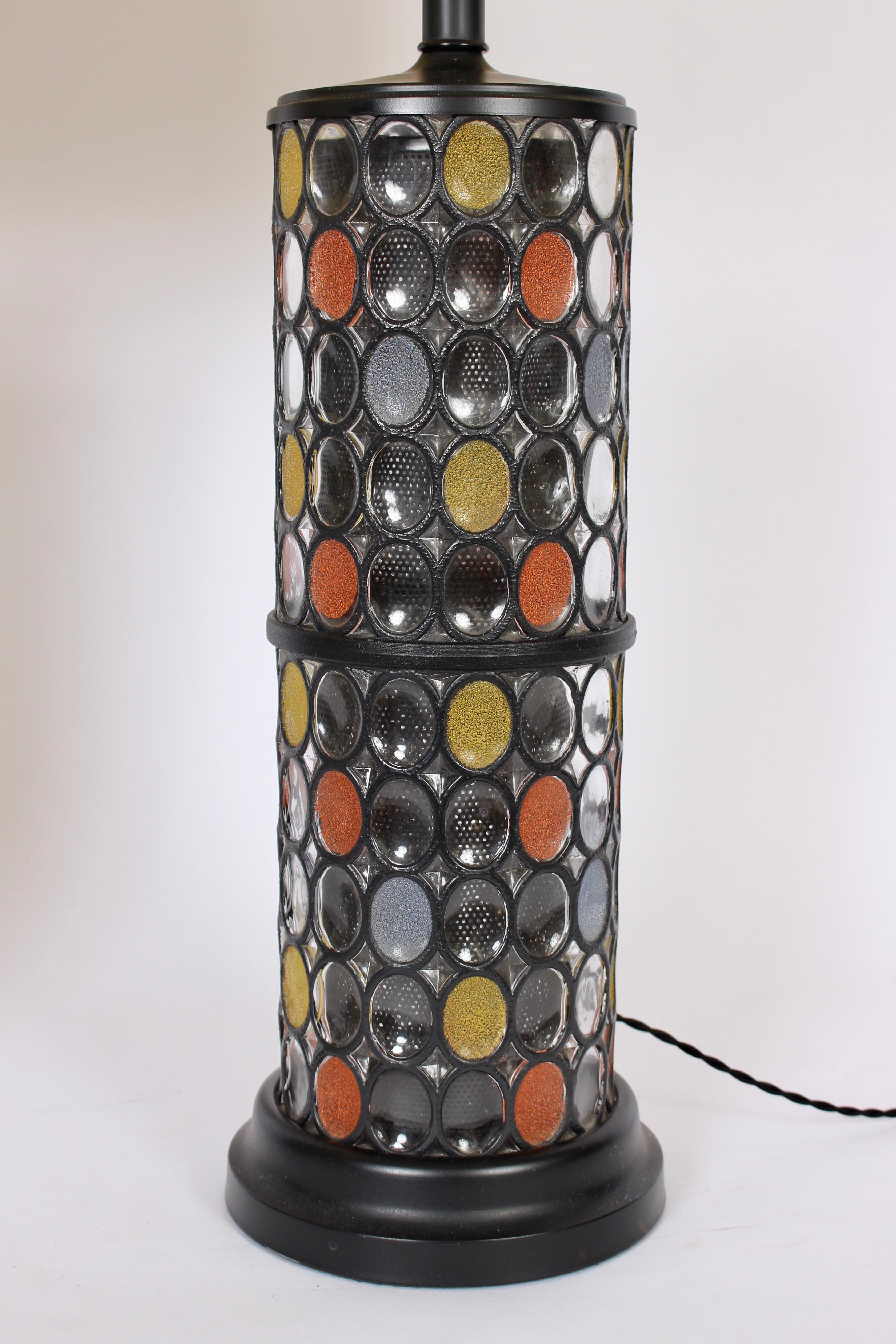 Monumental Pair of Higgins Style Fused Glass & Black Enamel Table Lamps, 1950s In Good Condition In Bainbridge, NY