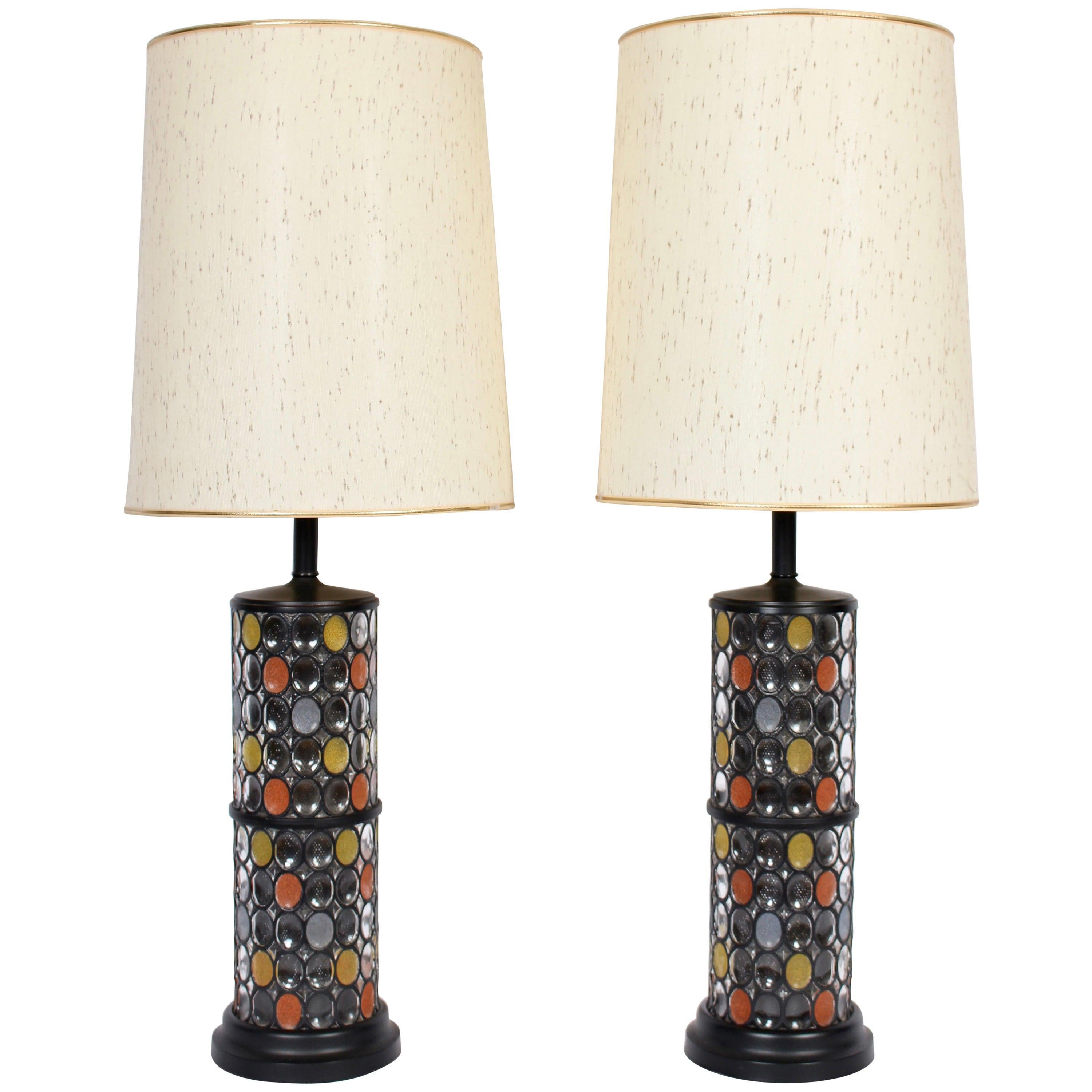 Monumental Pair of Higgins Style Fused Glass & Black Enamel Table Lamps, 1950s