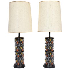 Monumental Pair of Higgins Style Fused Glass & Black Enamel Table Lamps, 1950s