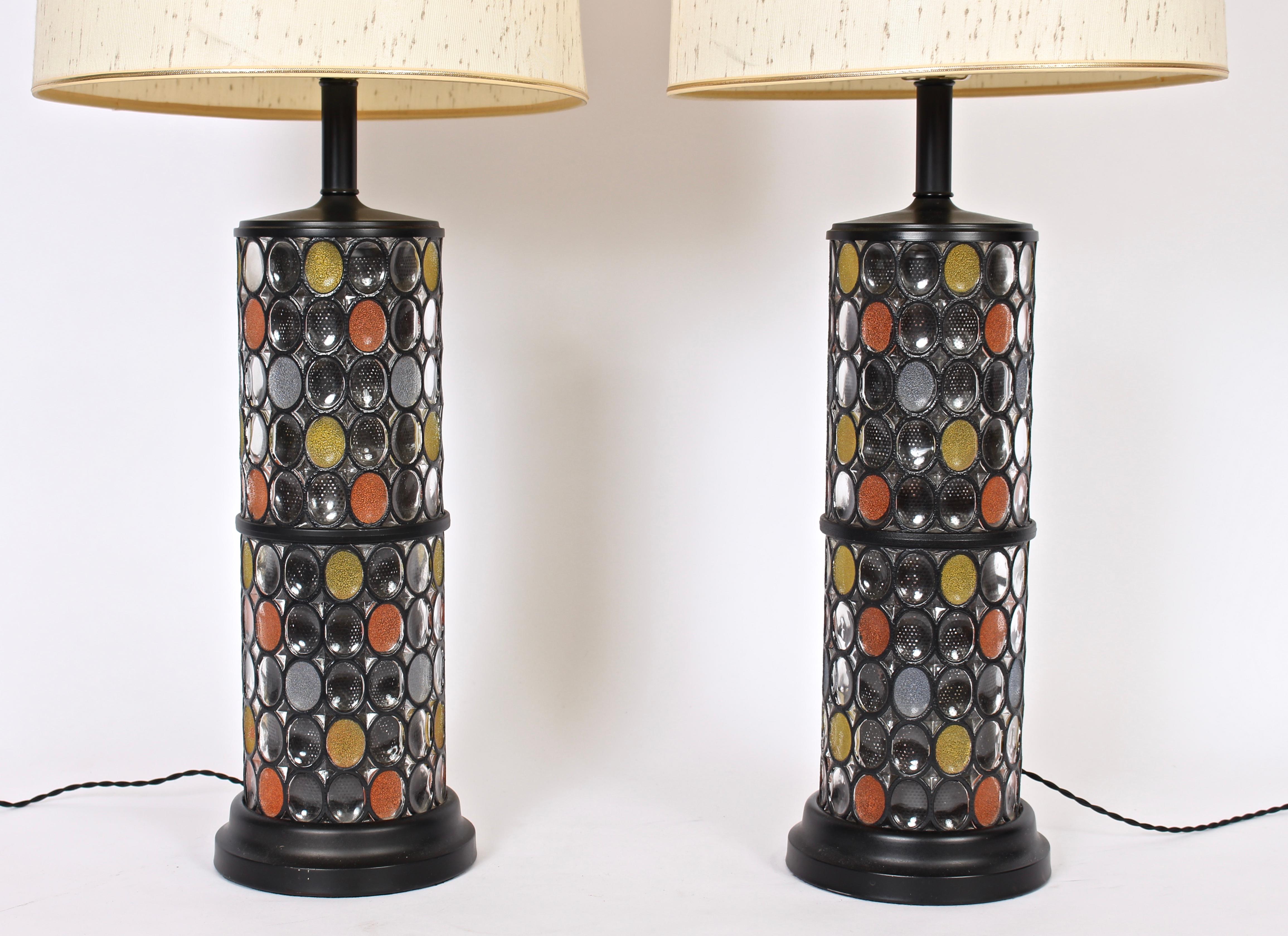 Monumental Pair of Higgins Style Glass & Enamel Illuminating Table Lamps, 1950s 4