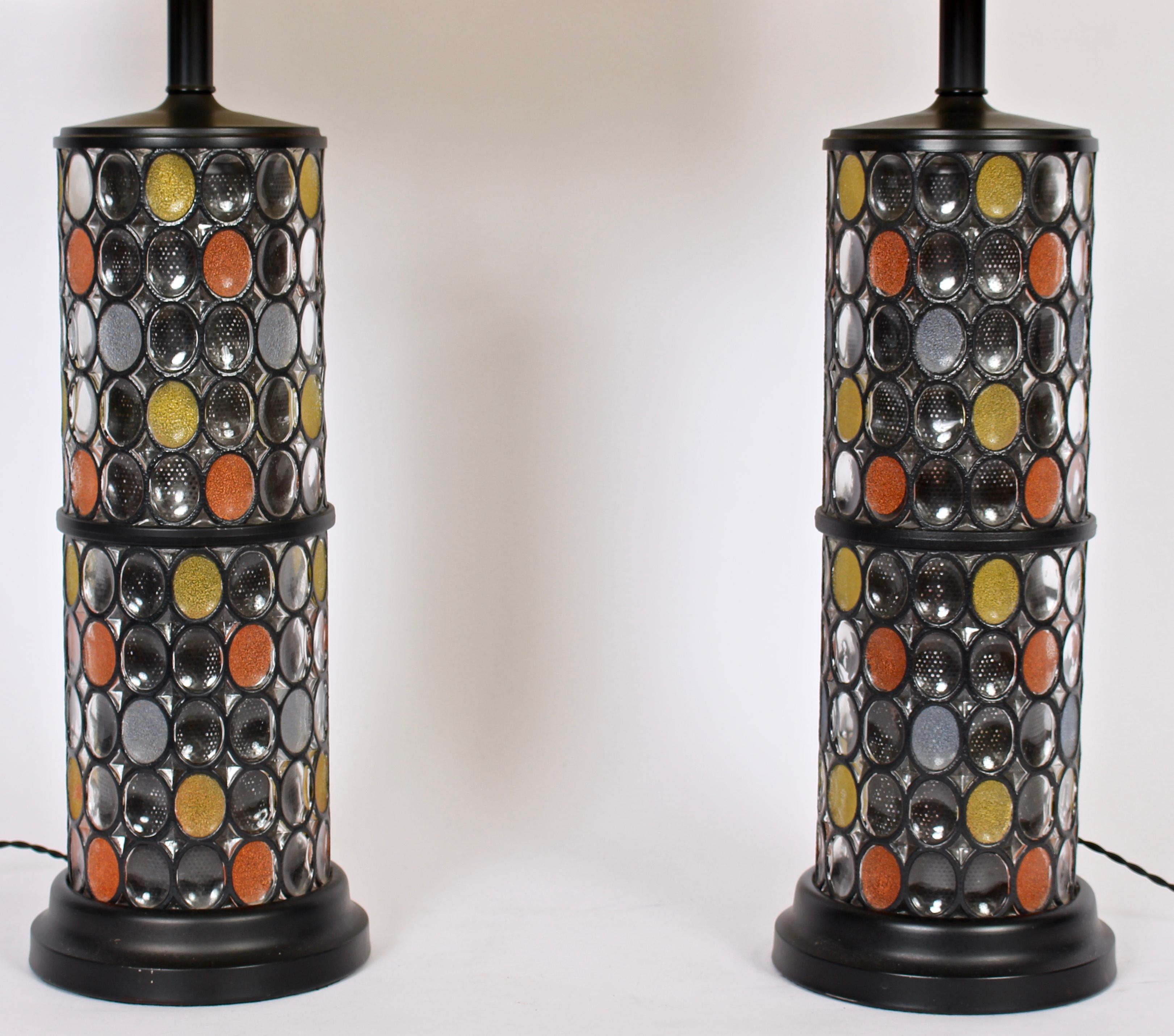 American Monumental Pair of Higgins Style Glass & Enamel Illuminating Table Lamps, 1950s