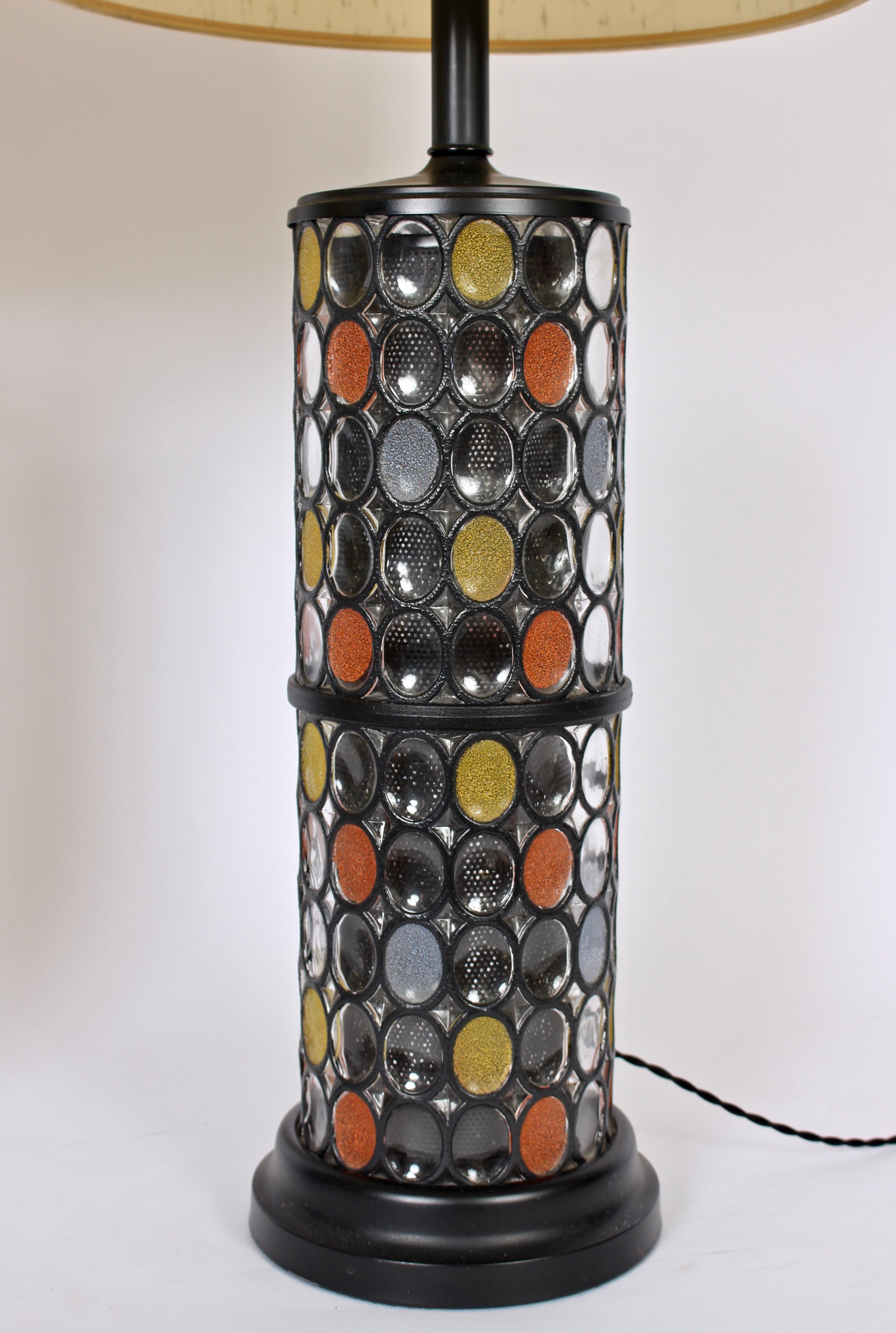 Enameled Monumental Pair of Higgins Style Glass & Enamel Illuminating Table Lamps, 1950s