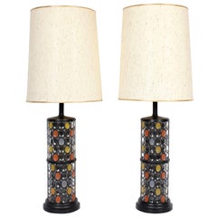 Monumental Pair of Higgins Style Glass & Enamel Illuminating Table Lamps, 1950s