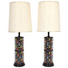 Monumental Pair of Higgins Style Glass & Enamel Illuminating Table Lamps, 1950s