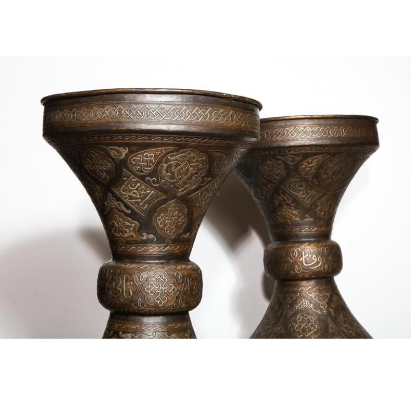 Monumental Pair of Islamic Silver Inlaid Palace Vases with Arabic Calligraphy 6