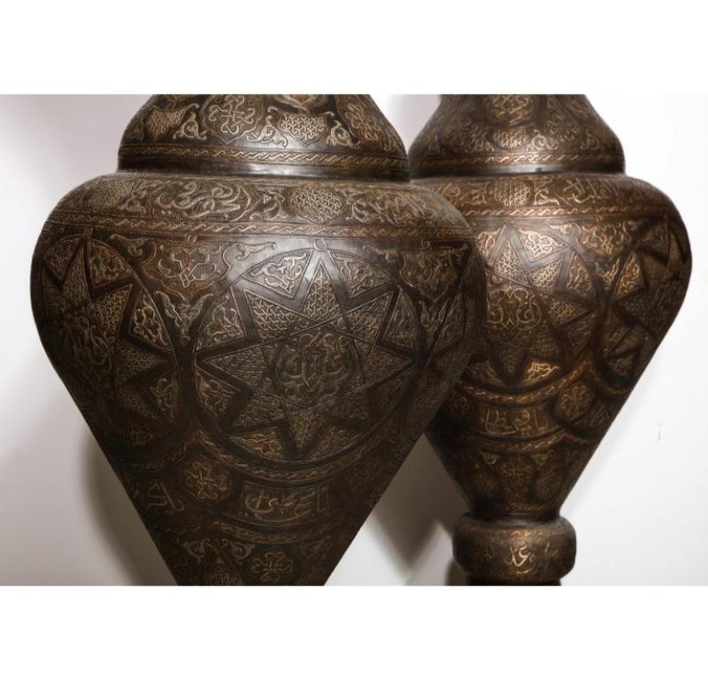 Monumental Pair of Islamic Silver Inlaid Palace Vases with Arabic Calligraphy 8