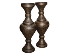 Monumental Pair of Islamic Silver Inlaid Palace Vases with Arabic Calligraphy