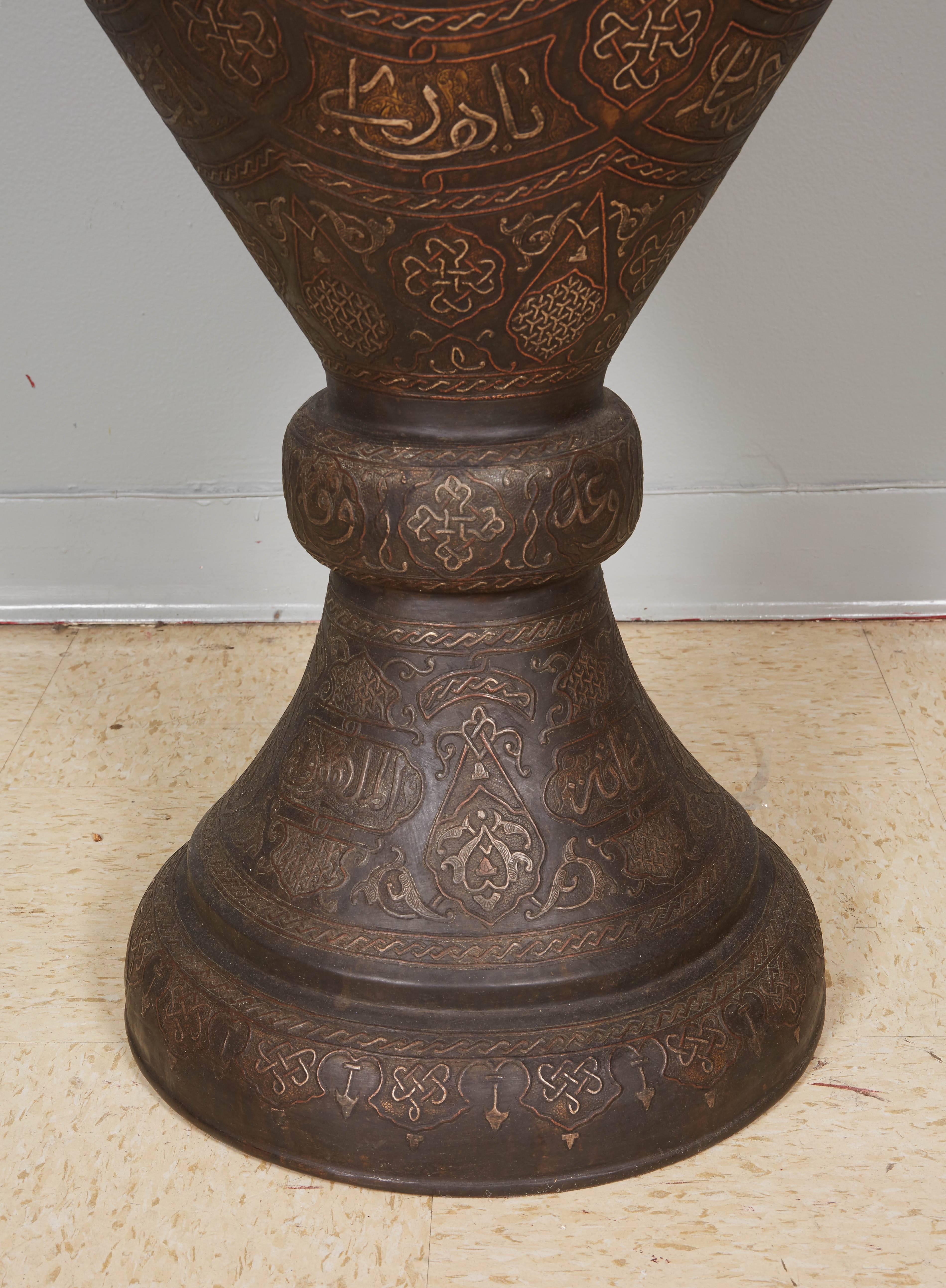 20th Century Monumental Pair of Islamic Silver Inlaid Palace Vases with Arabic Calligraphy