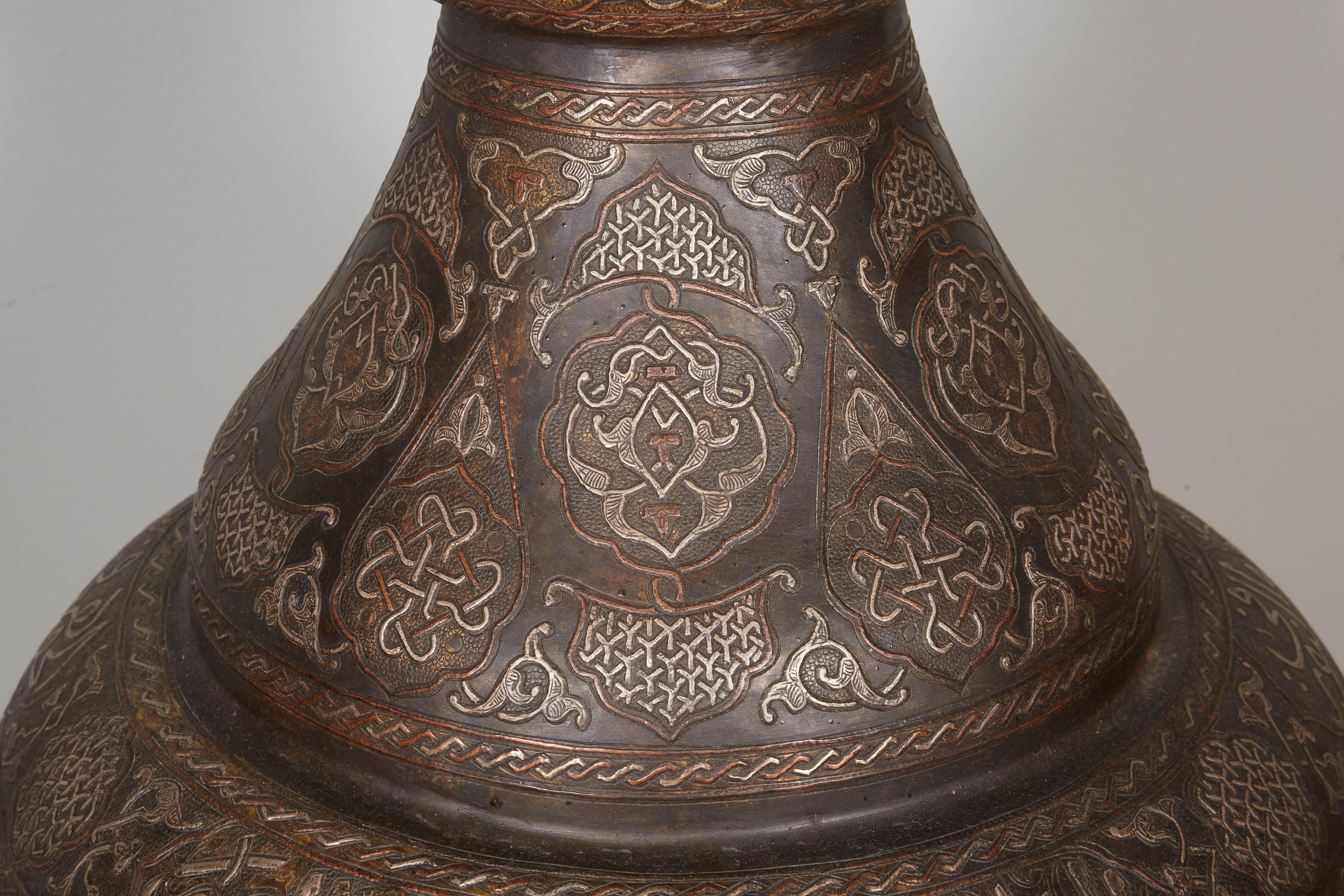 Bronze Monumental Pair of Islamic Silver Inlaid Palace Vases with Arabic Calligraphy