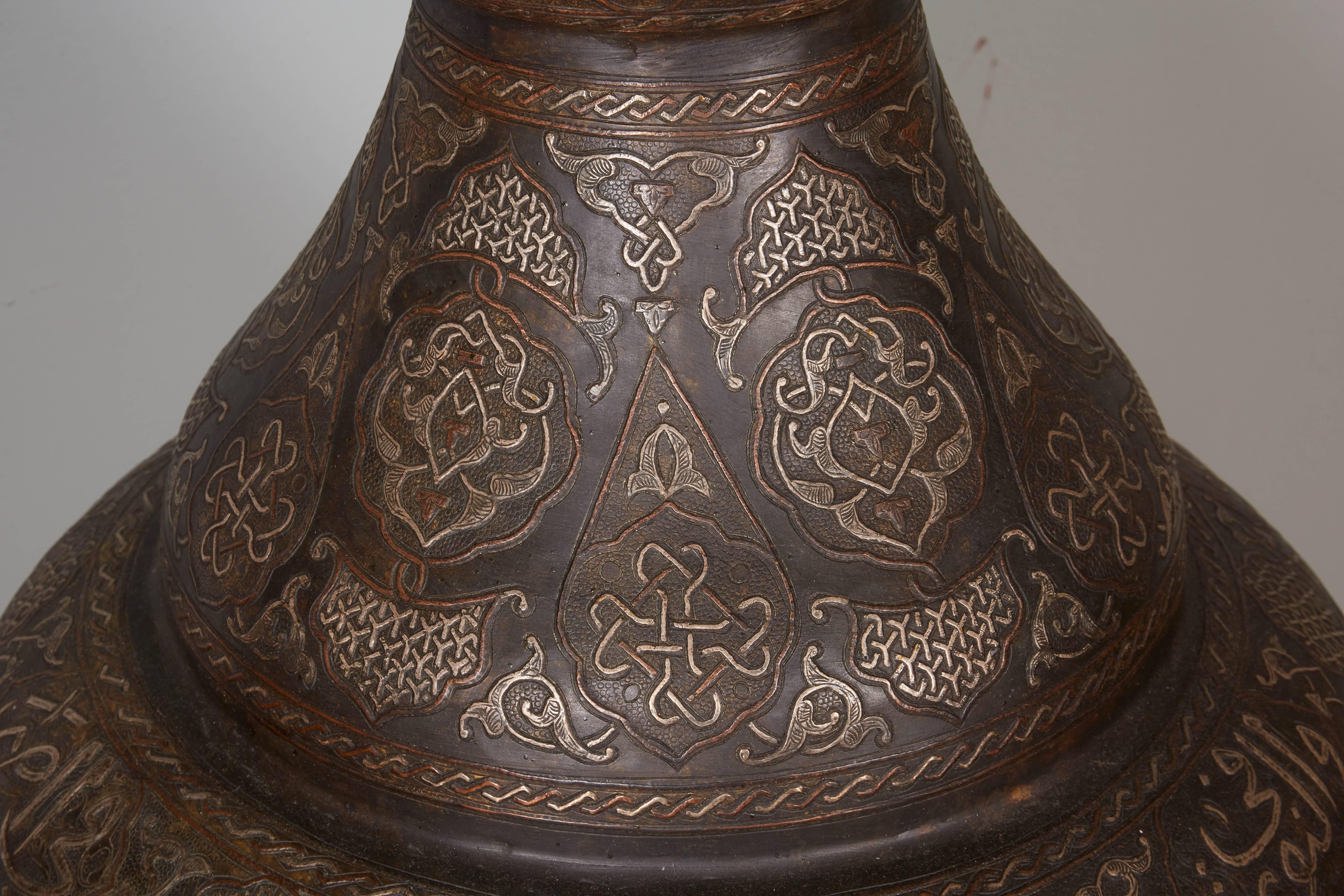 Monumental Pair of Islamic Silver Inlaid Palace Vases with Arabic Calligraphy 1