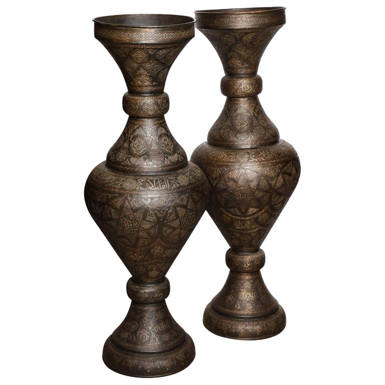 Monumental Pair of Islamic Silver Inlaid Palace Vases with Arabic Calligraphy