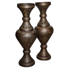 Antique Monumental Pair of Islamic Silver Inlaid Palace Vases with Arabic Calligraphy