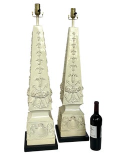 Monumental Pair of Italian 1950s Neoclassical Style Obelisk-form Ceramic Lamps