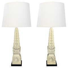 Monumental Pair of Italian 1950s Neoclassical Style Obelisk-form Ceramic Lamps