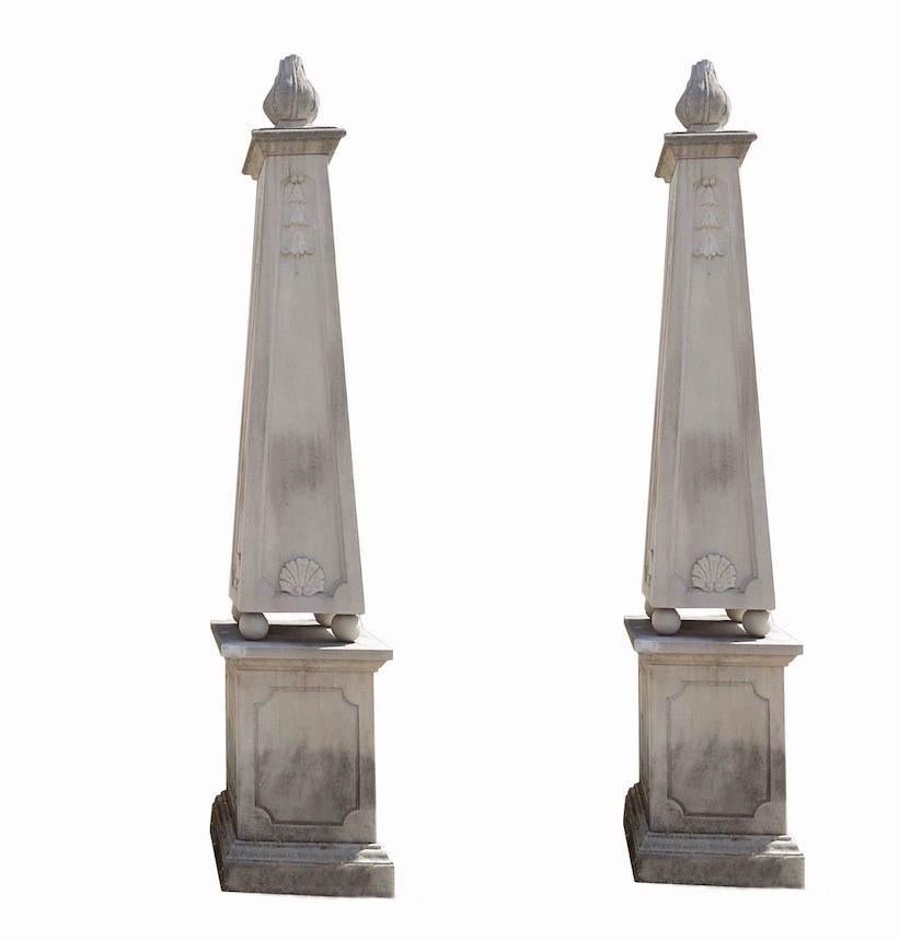 Pair of finely carved elegant stone obelisks decorated with leave garlands, on a square base.
Timeless decoration for your garden or interior.
Measurements, Obelisks - Height cm 245 (96 inches)
Bases- Height cm 85 (33 inches)
Total height - cm