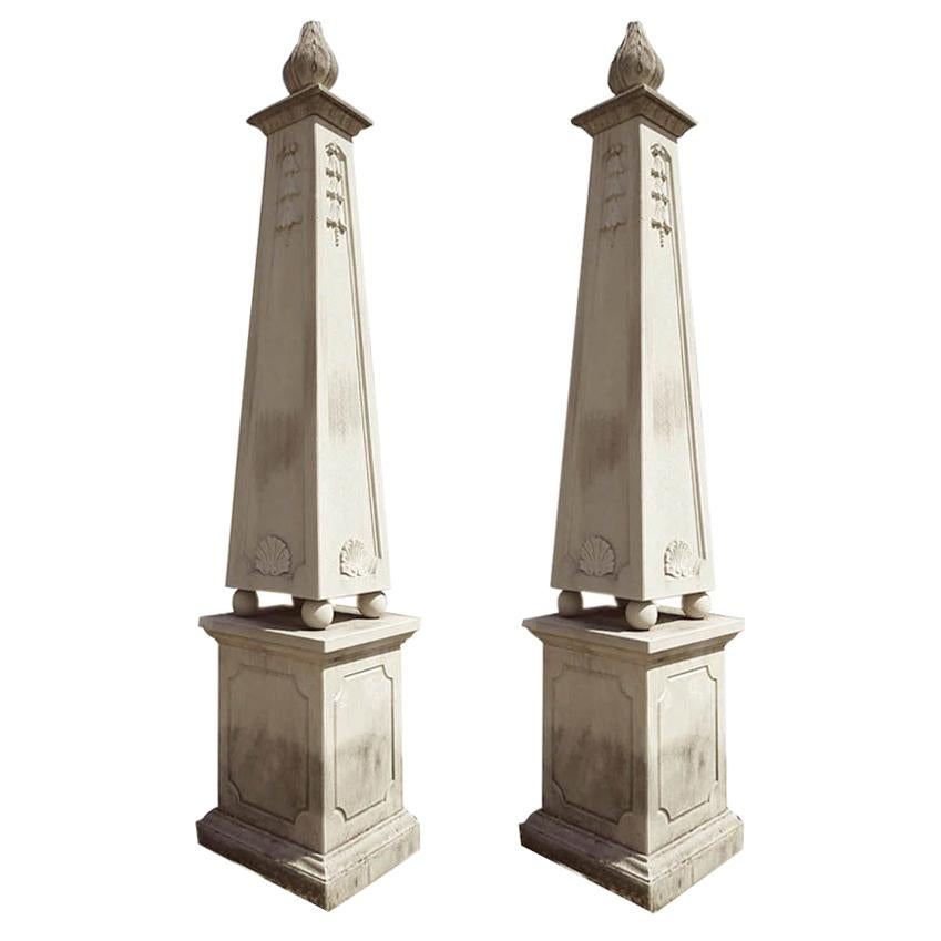 Monumental Pair of Italian Carved Stone Obelisks