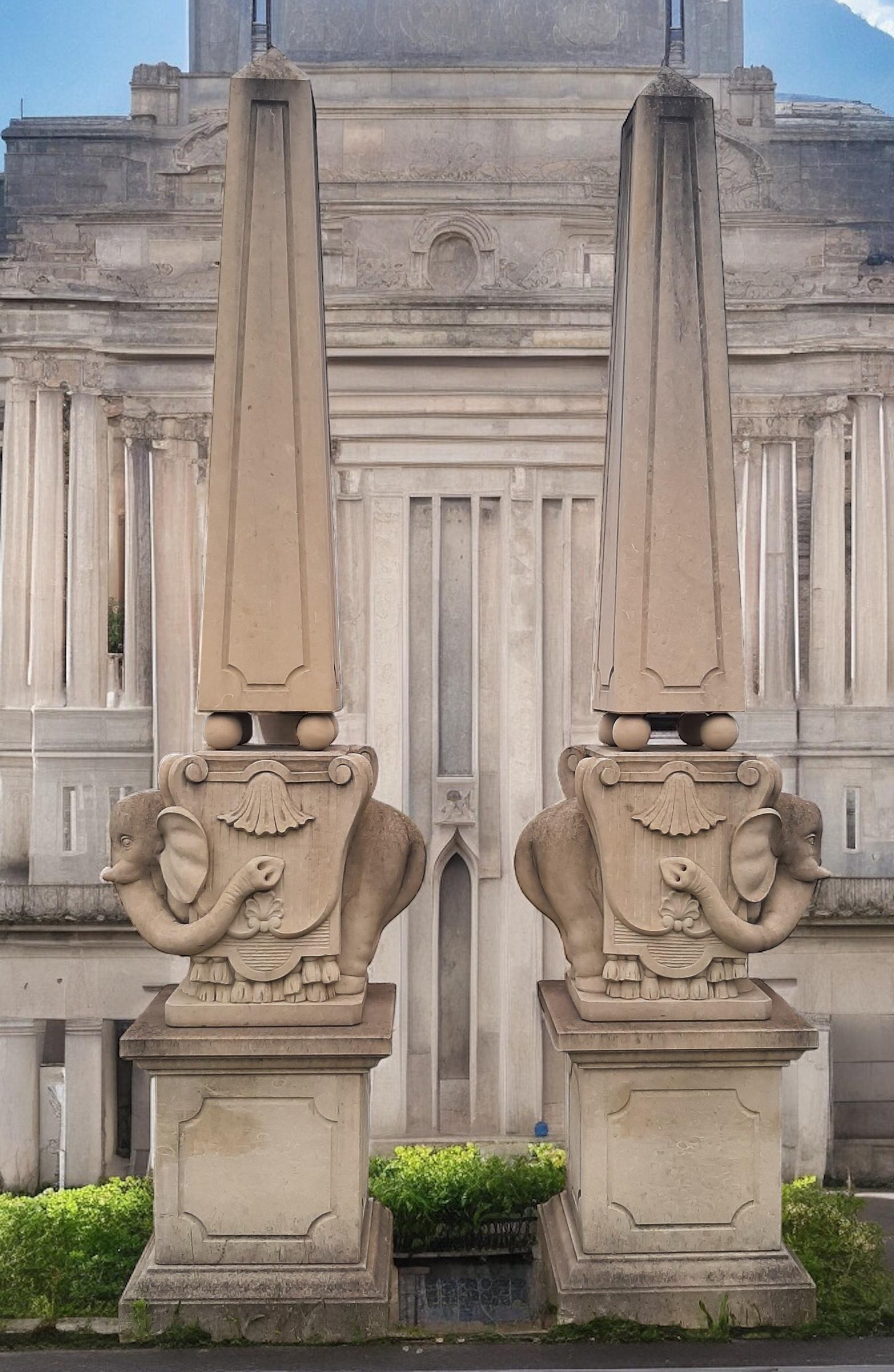 Monumental Pair of Italian Carved Stone Obelisks with Elephants 4