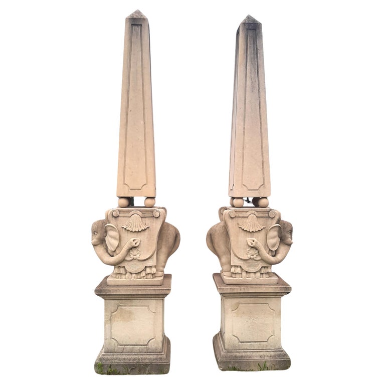 Pair of Italian Carved Stone Obelisks with Elephants, late 20th century, offered by Veneziani Arte