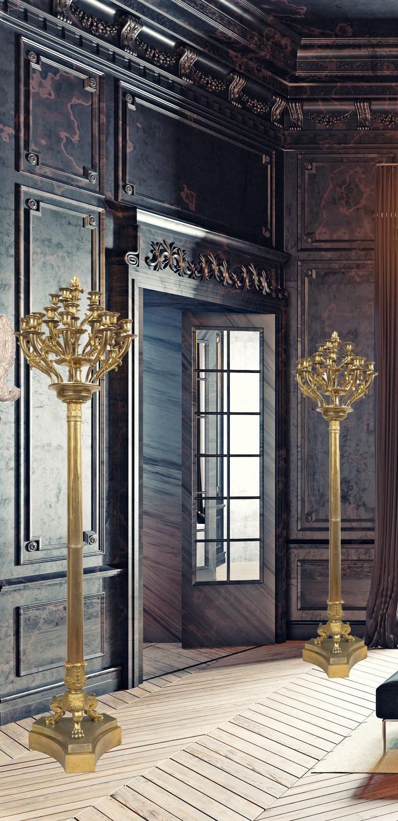 Monumental Pair of Italian Empire Gilt Bronze Candleholders or Floor Lamps, 1800 For Sale 5