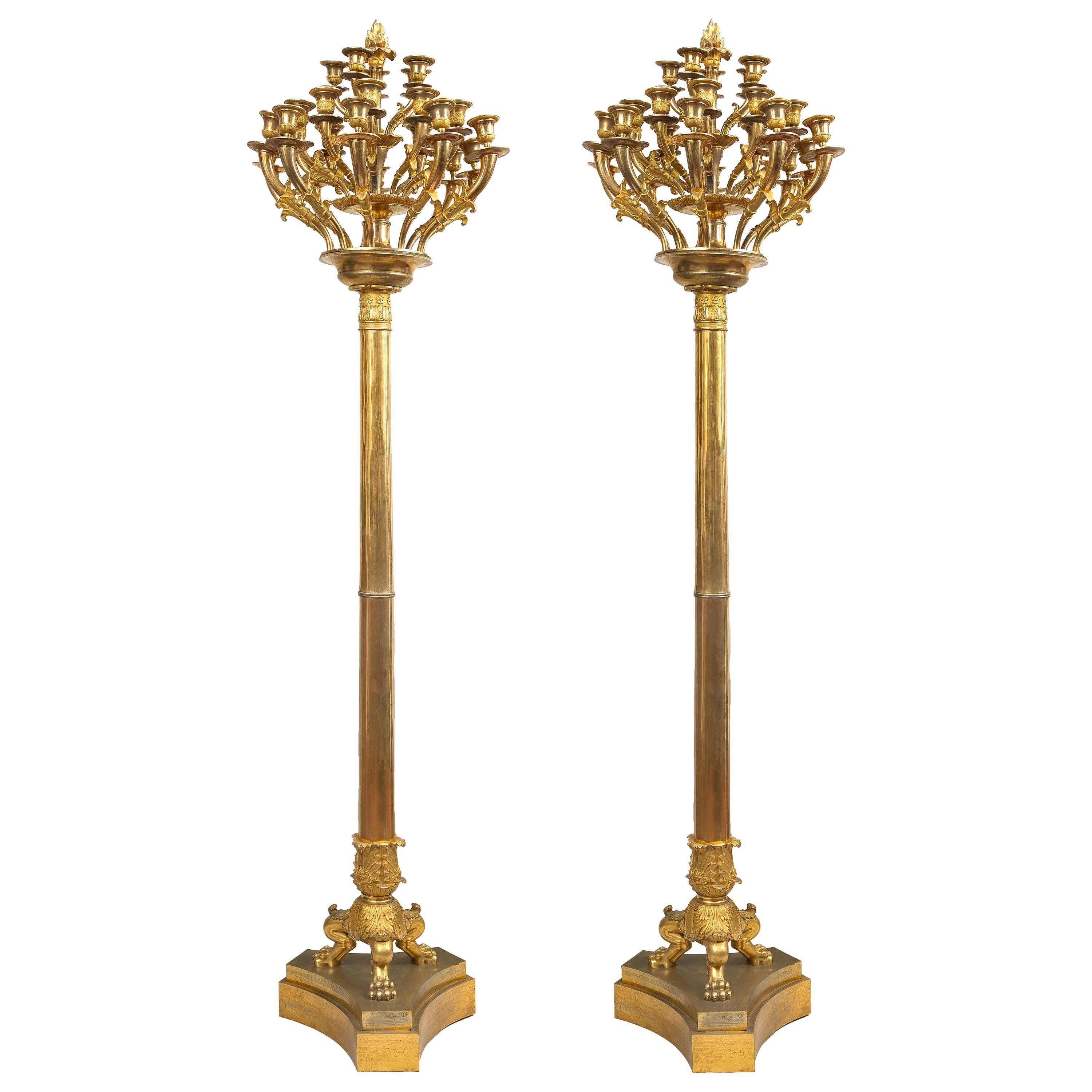 Monumental Pair of Italian Empire Gilt Bronze Candleholders or Floor Lamps, 1800