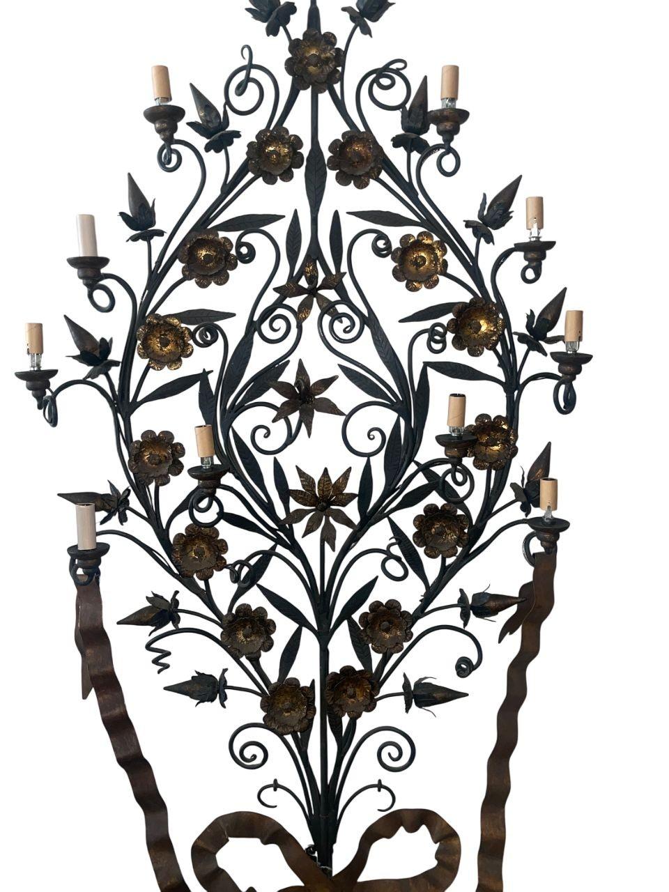 Wrought Iron Monumental Pair of Italian Girandoles (Tree‑Form Candelabra) Mid‑20th Century. For Sale