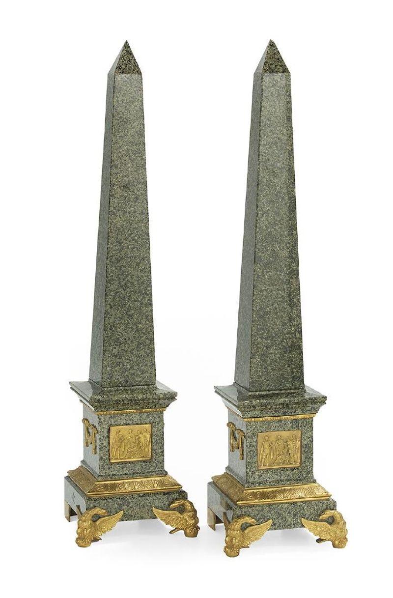 Monumental pair of Italian Grand Tour Ormolu-mounted green granite obelisks, early 20th century.

Measuring 34