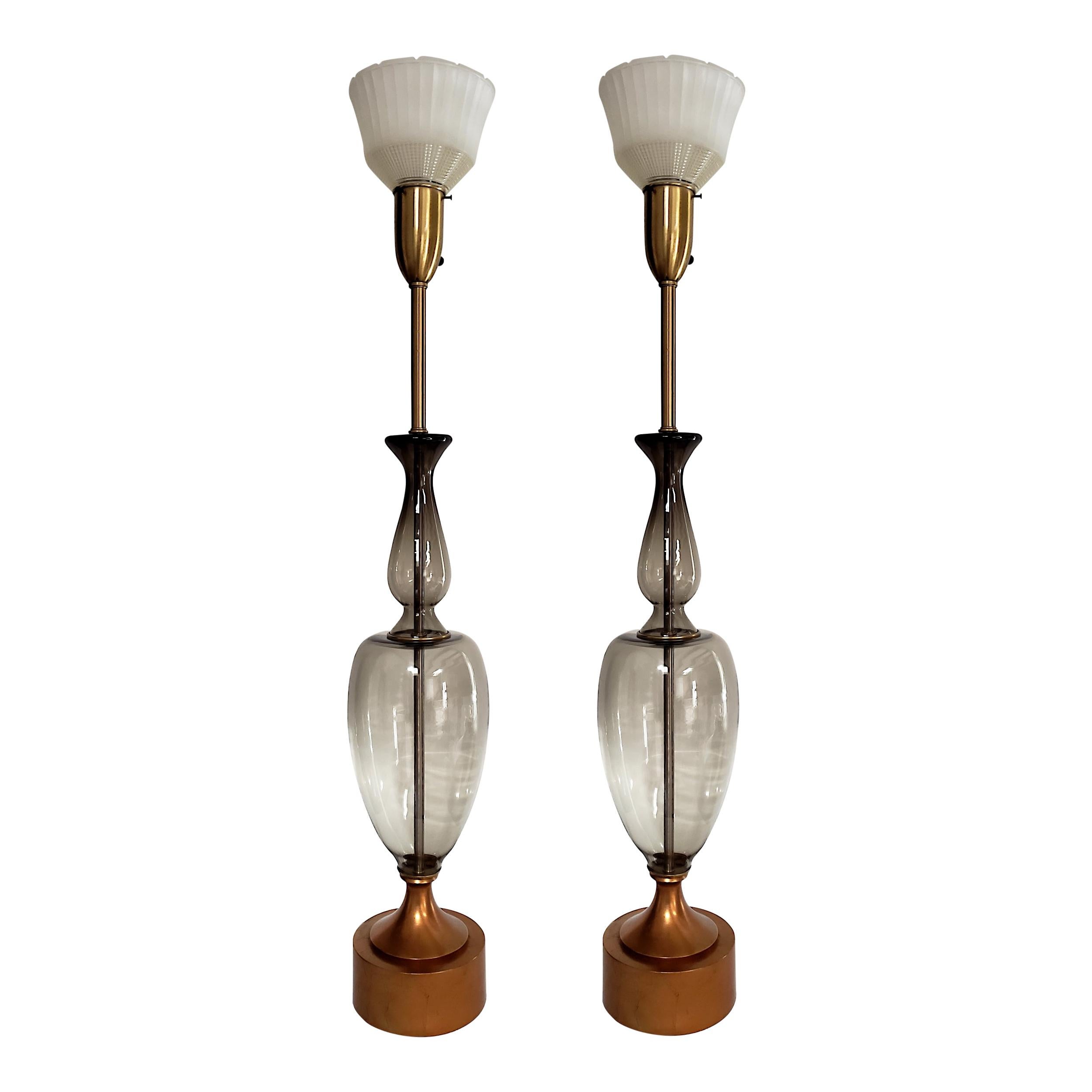Monumental Pair of Italian Grey Glass Lamps