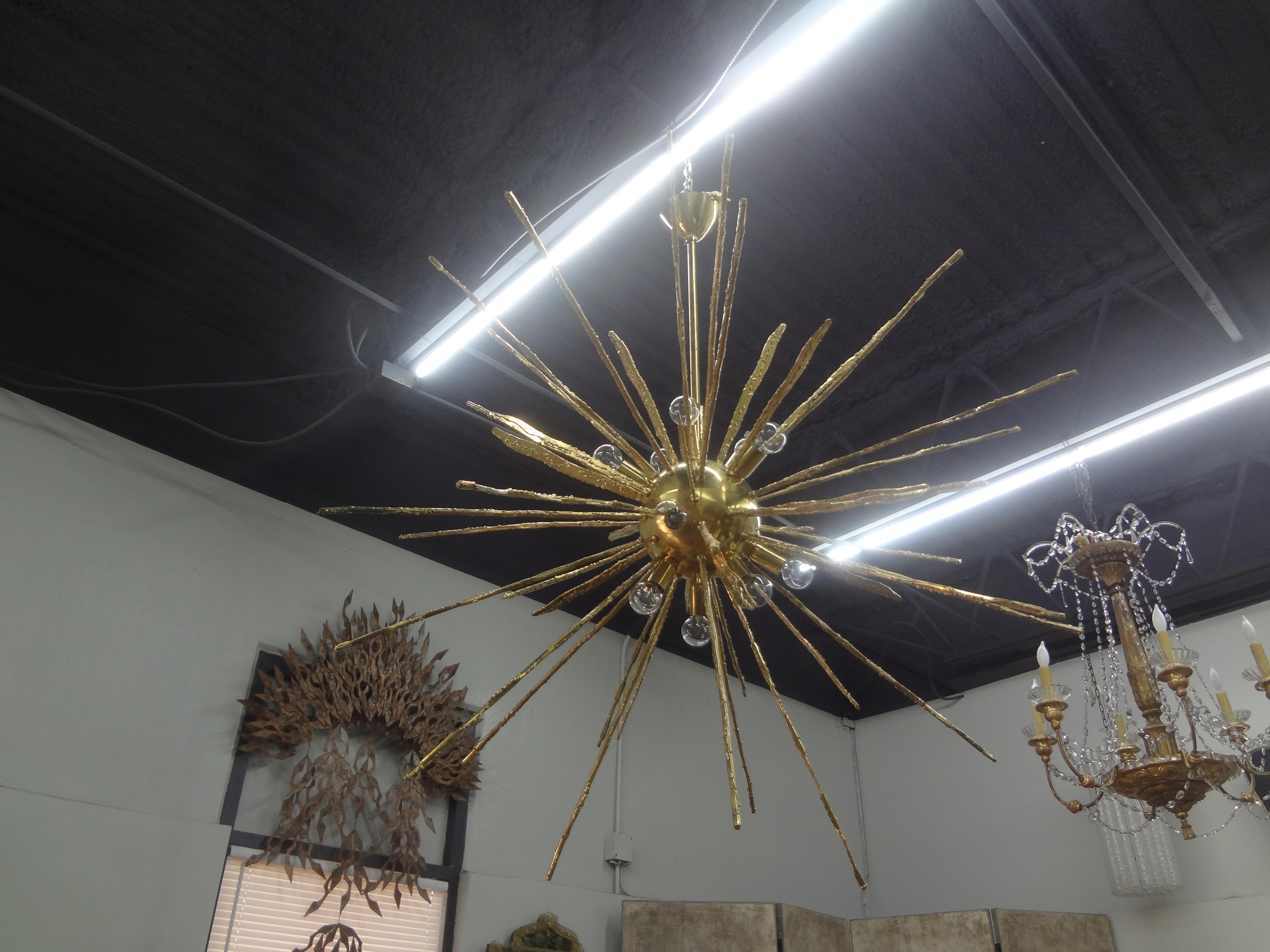 Monumental Pair of Italian Modern Hammered Brass Sputnik Chandeliers For Sale 6