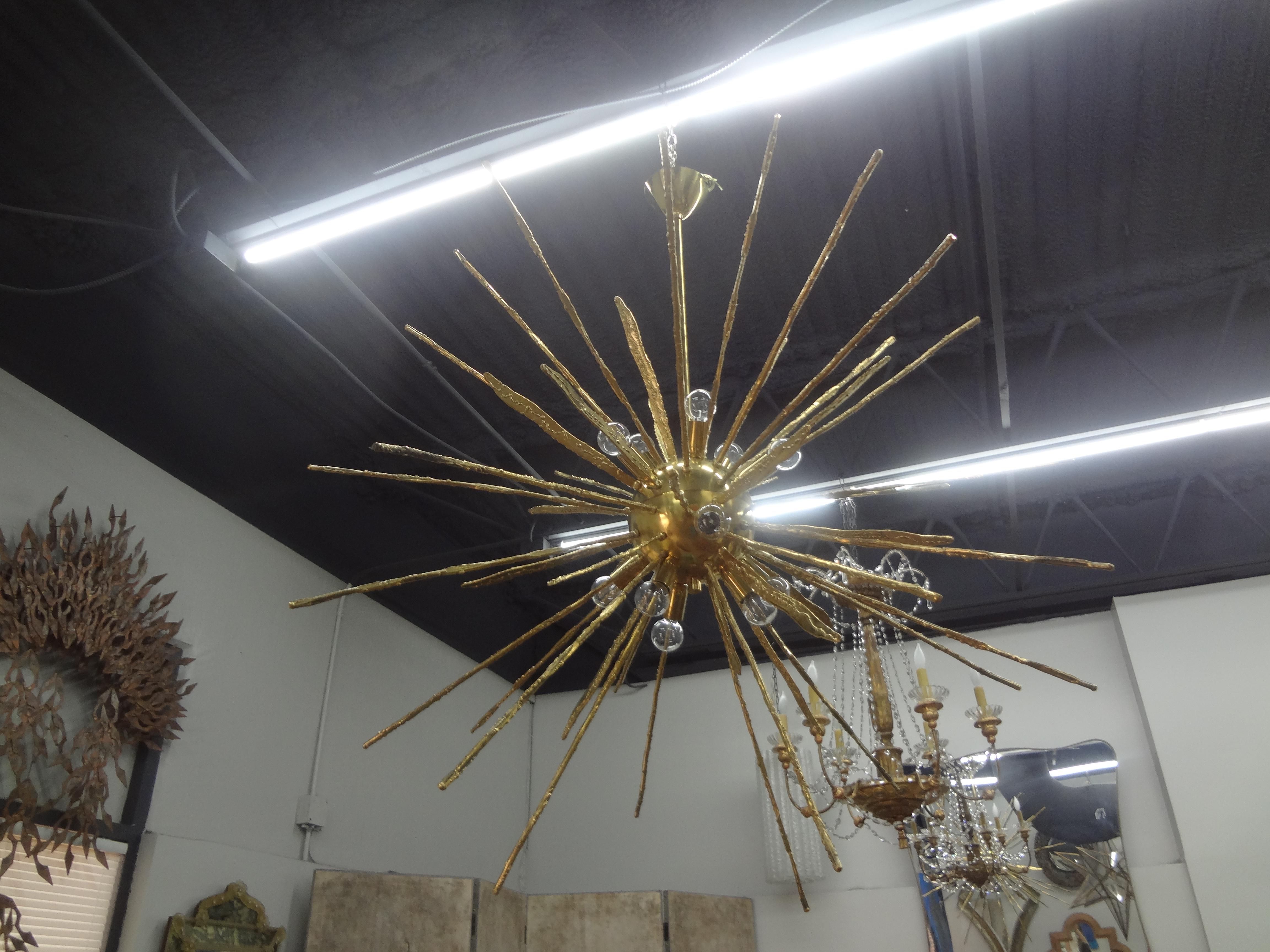 Mid-Century Modern Monumental Pair of Italian Modern Hammered Brass Sputnik Chandeliers For Sale