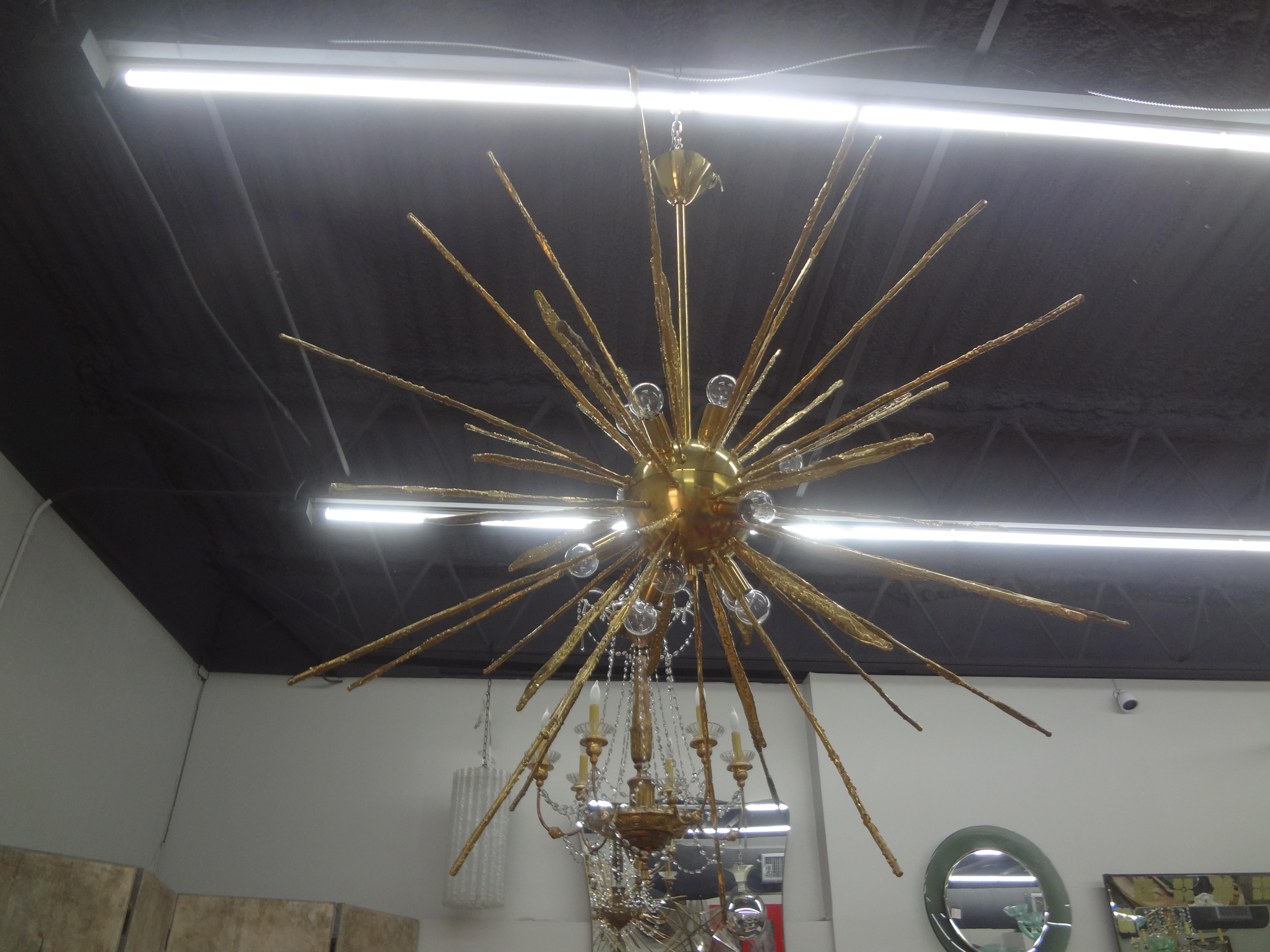 Monumental Pair of Italian Modern Hammered Brass Sputnik Chandeliers In Good Condition For Sale In Houston, TX