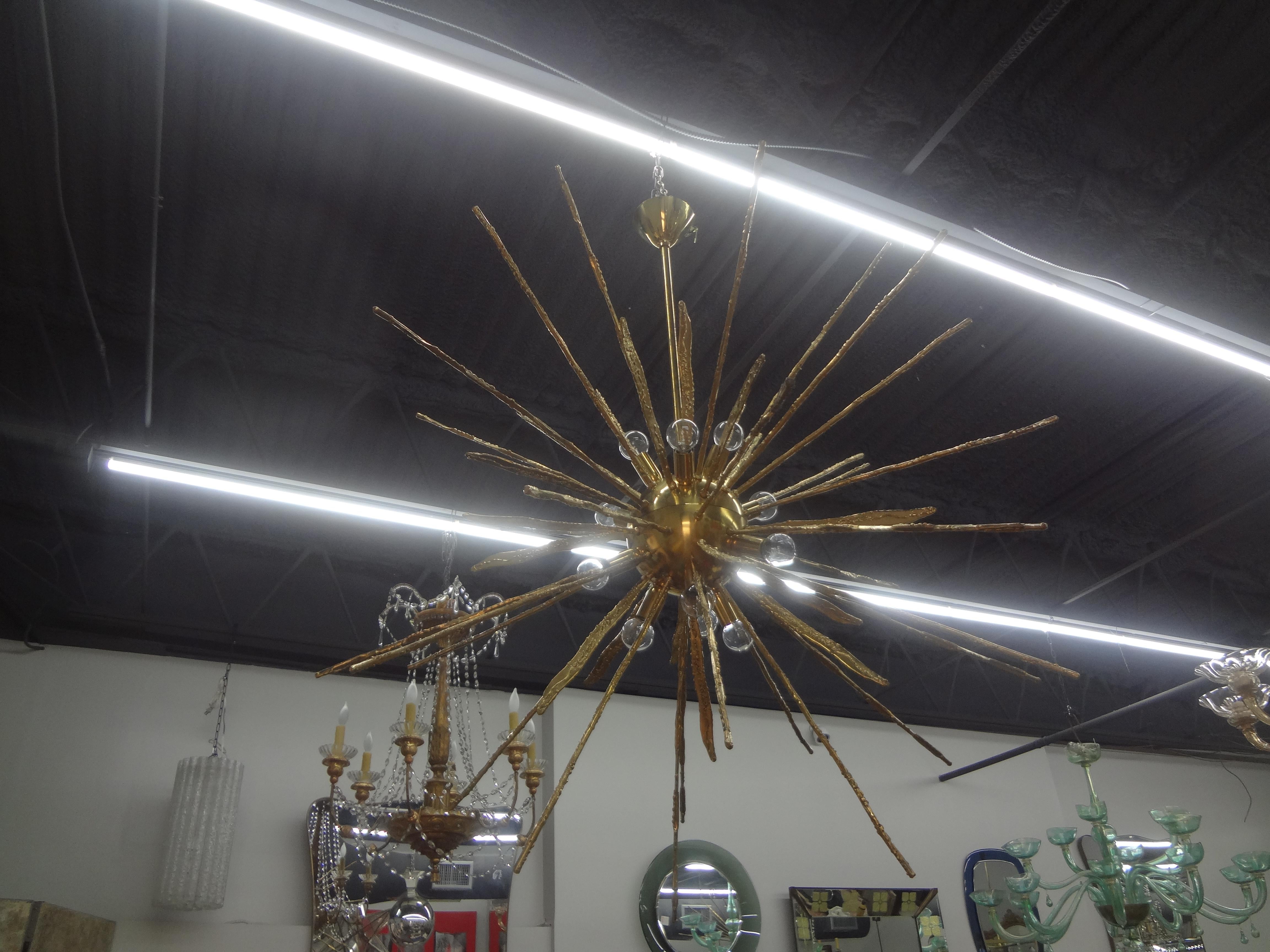 20th Century Monumental Pair of Italian Modern Hammered Brass Sputnik Chandeliers For Sale