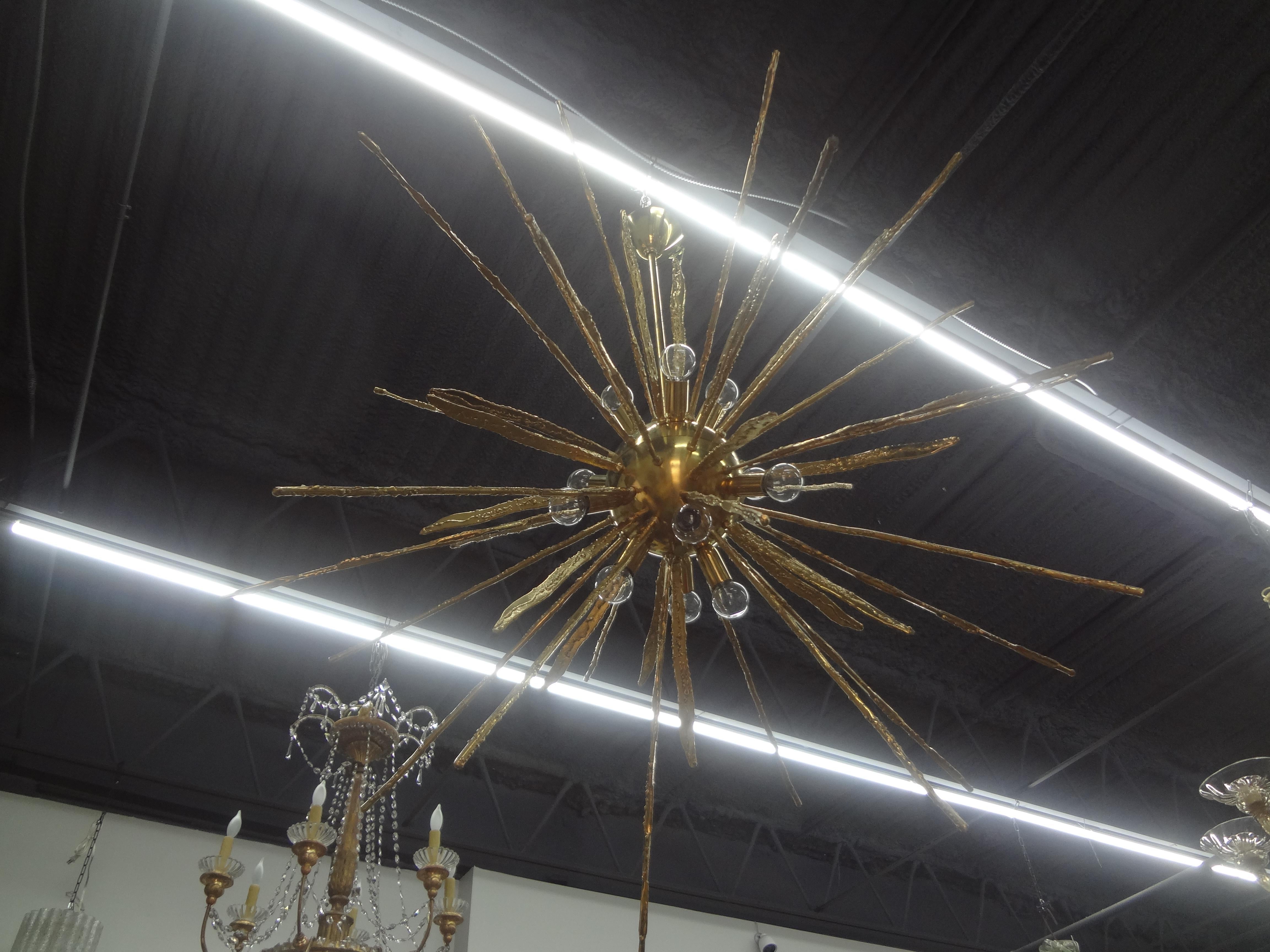 Monumental Pair of Italian Modern Hammered Brass Sputnik Chandeliers For Sale 1