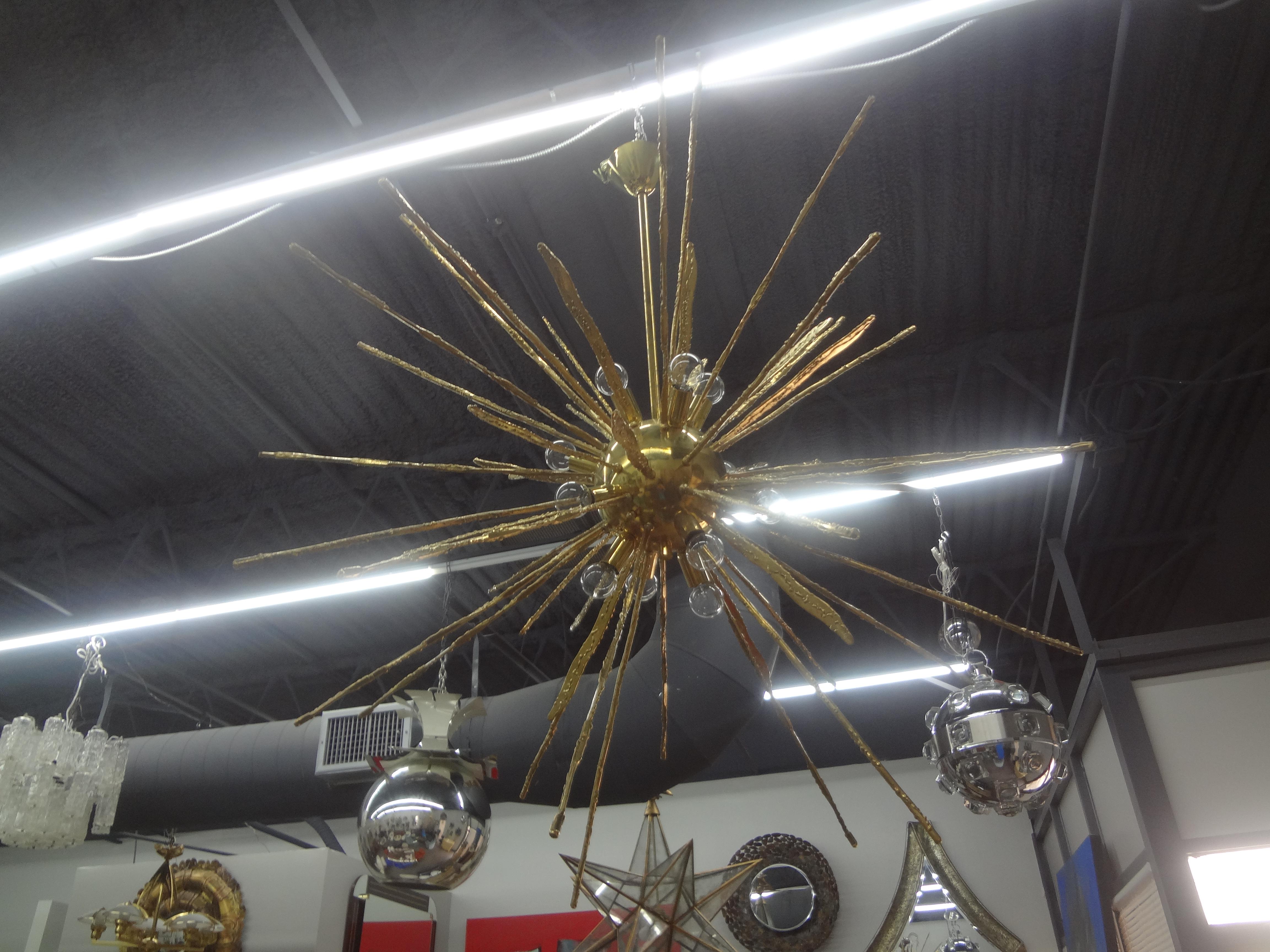 Monumental Pair of Italian Modern Hammered Brass Sputnik Chandeliers For Sale 2