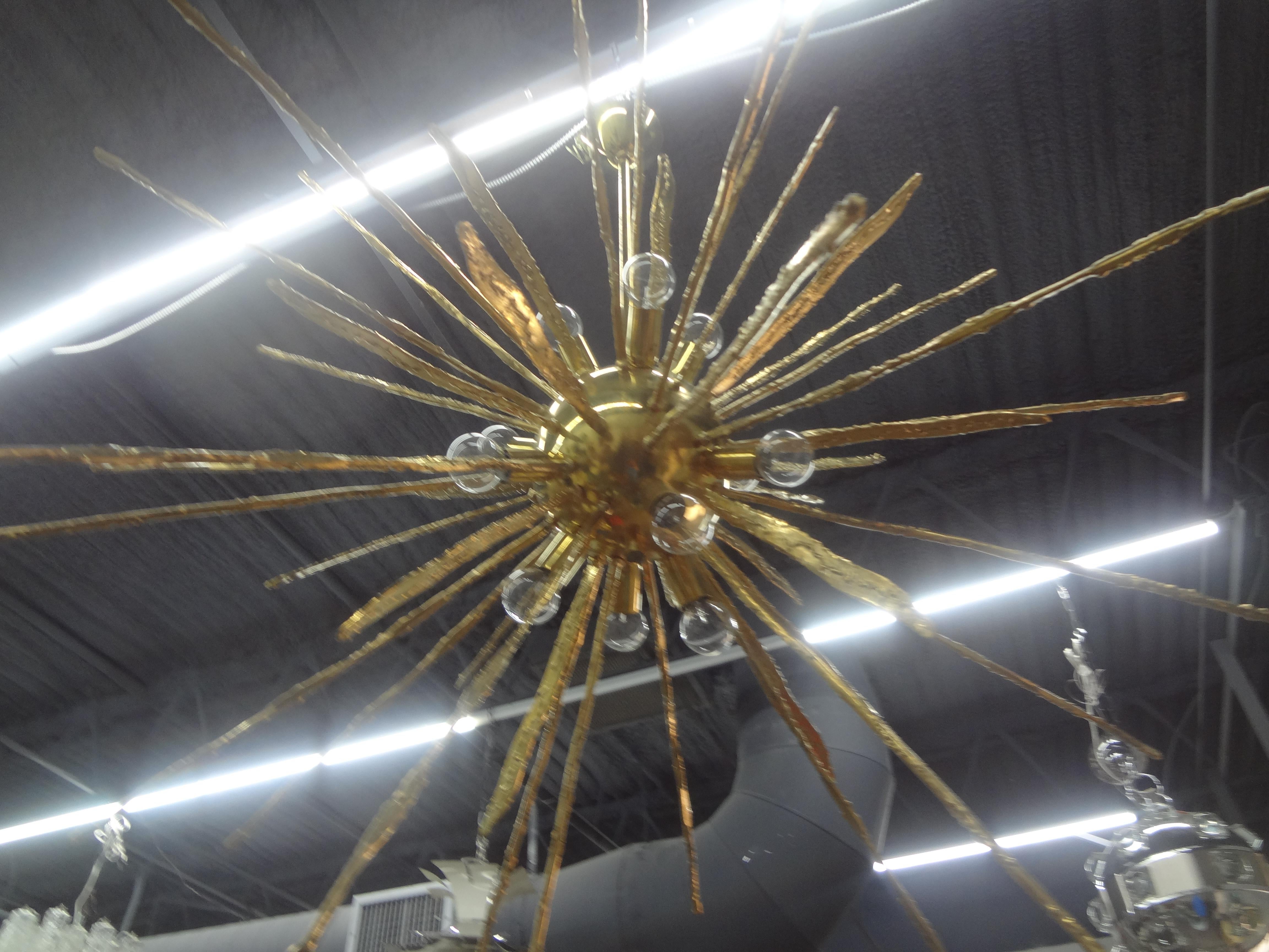 Monumental Pair of Italian Modern Hammered Brass Sputnik Chandeliers For Sale 3