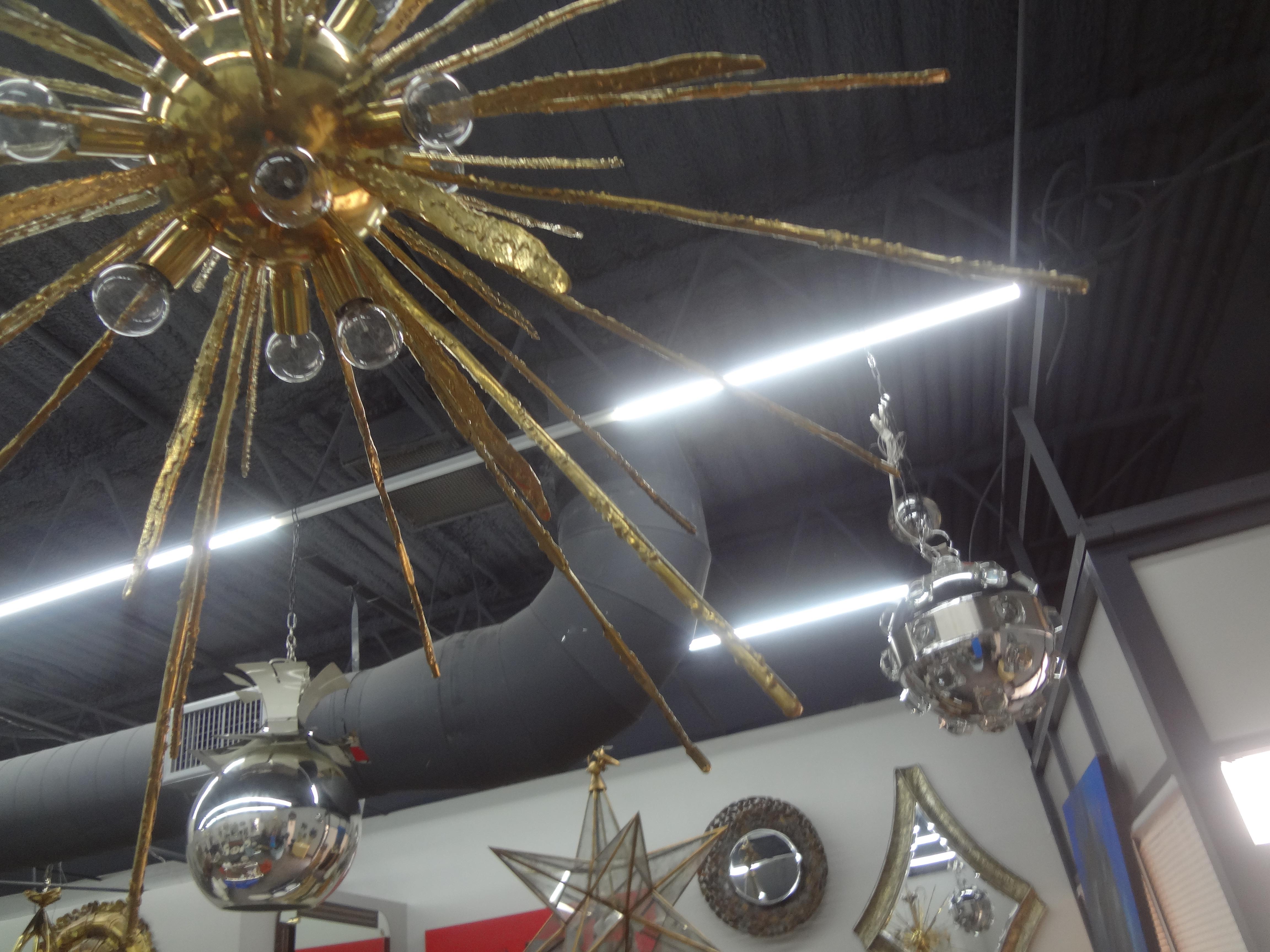 Monumental Pair of Italian Modern Hammered Brass Sputnik Chandeliers For Sale 4