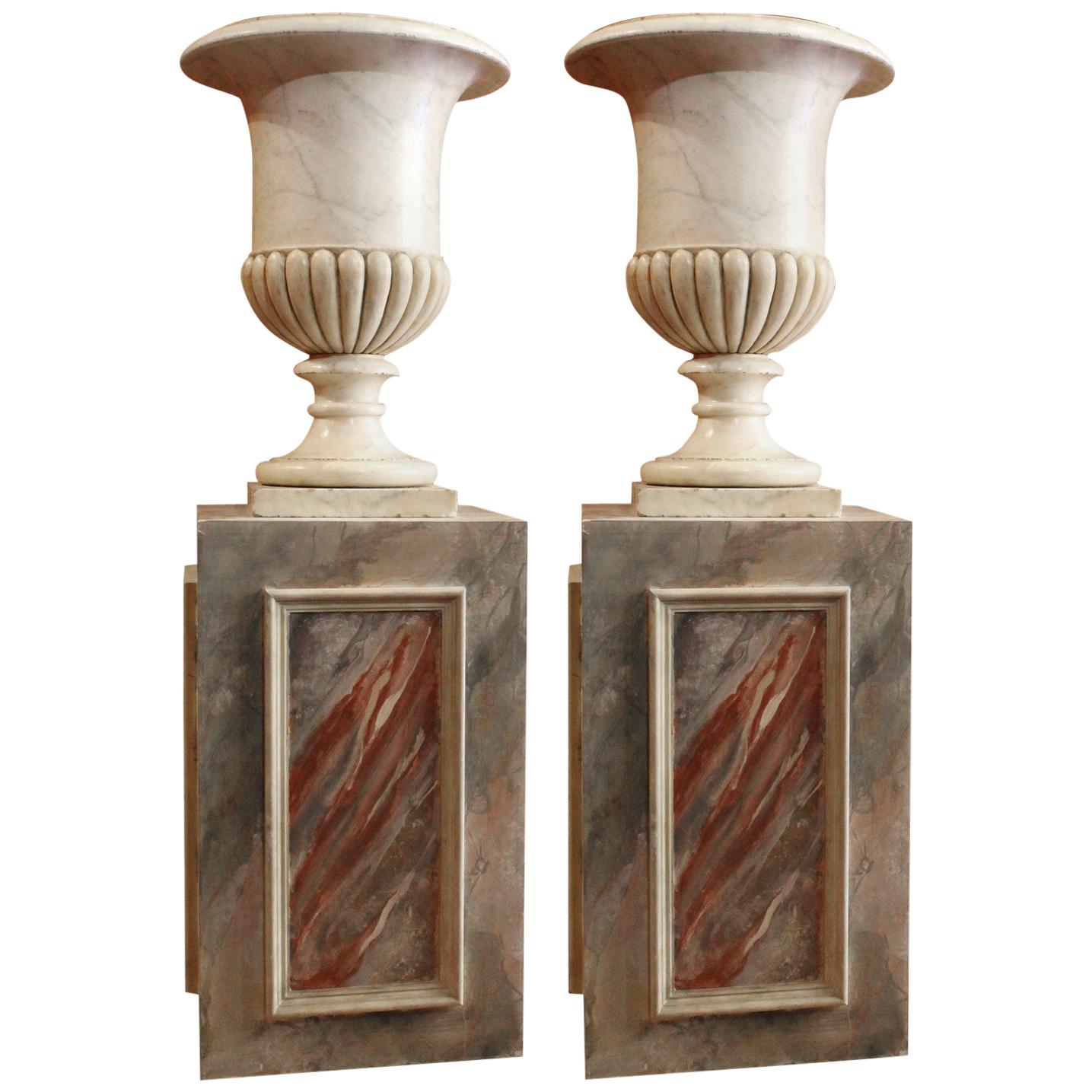 Antique 18th Century Italian Neoclassical Carrara Marble Urn Vases on Pedestals