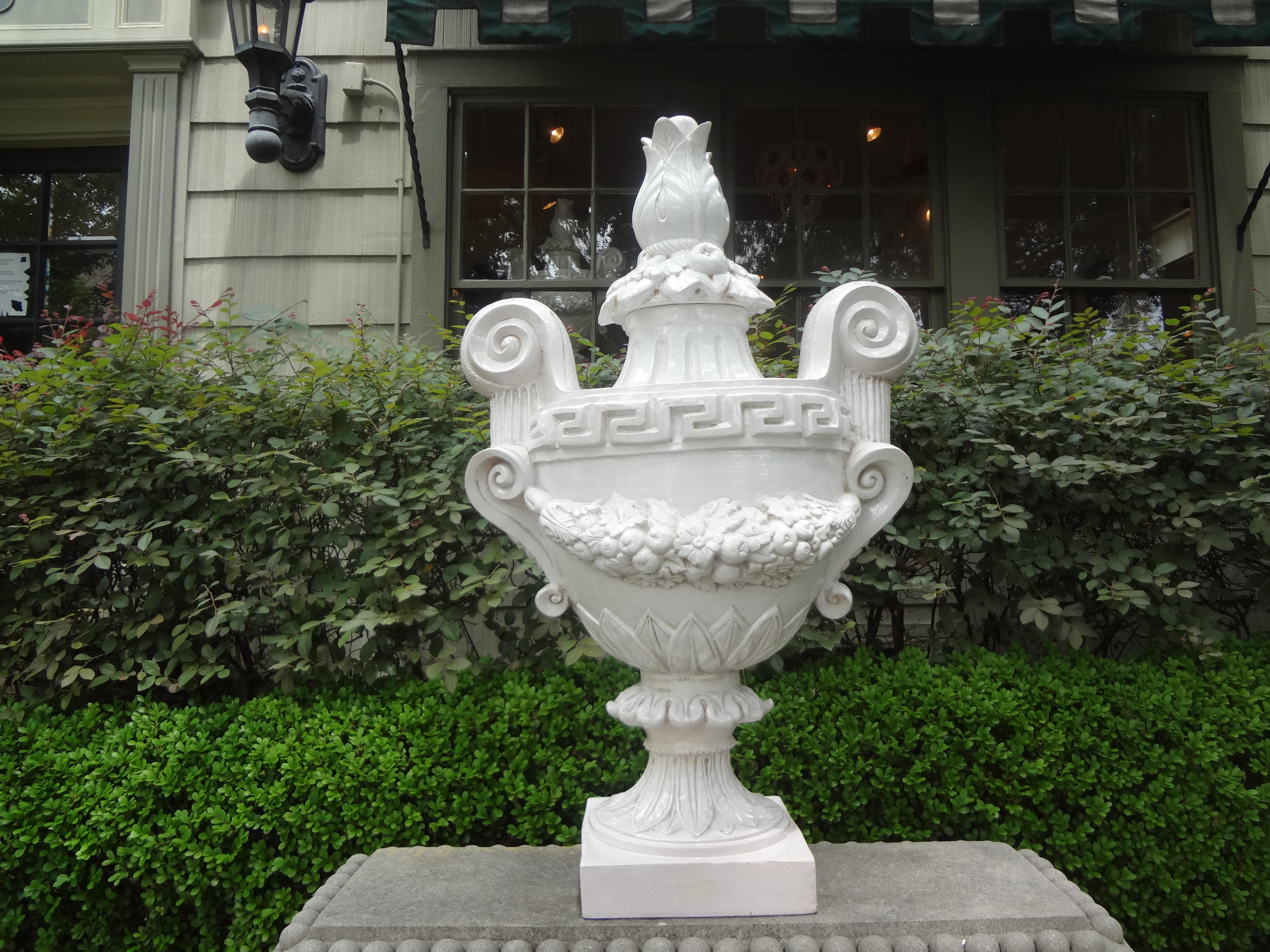 Monumental Pair of Italian Neoclassical Style Glazed Terracotta Urns 6