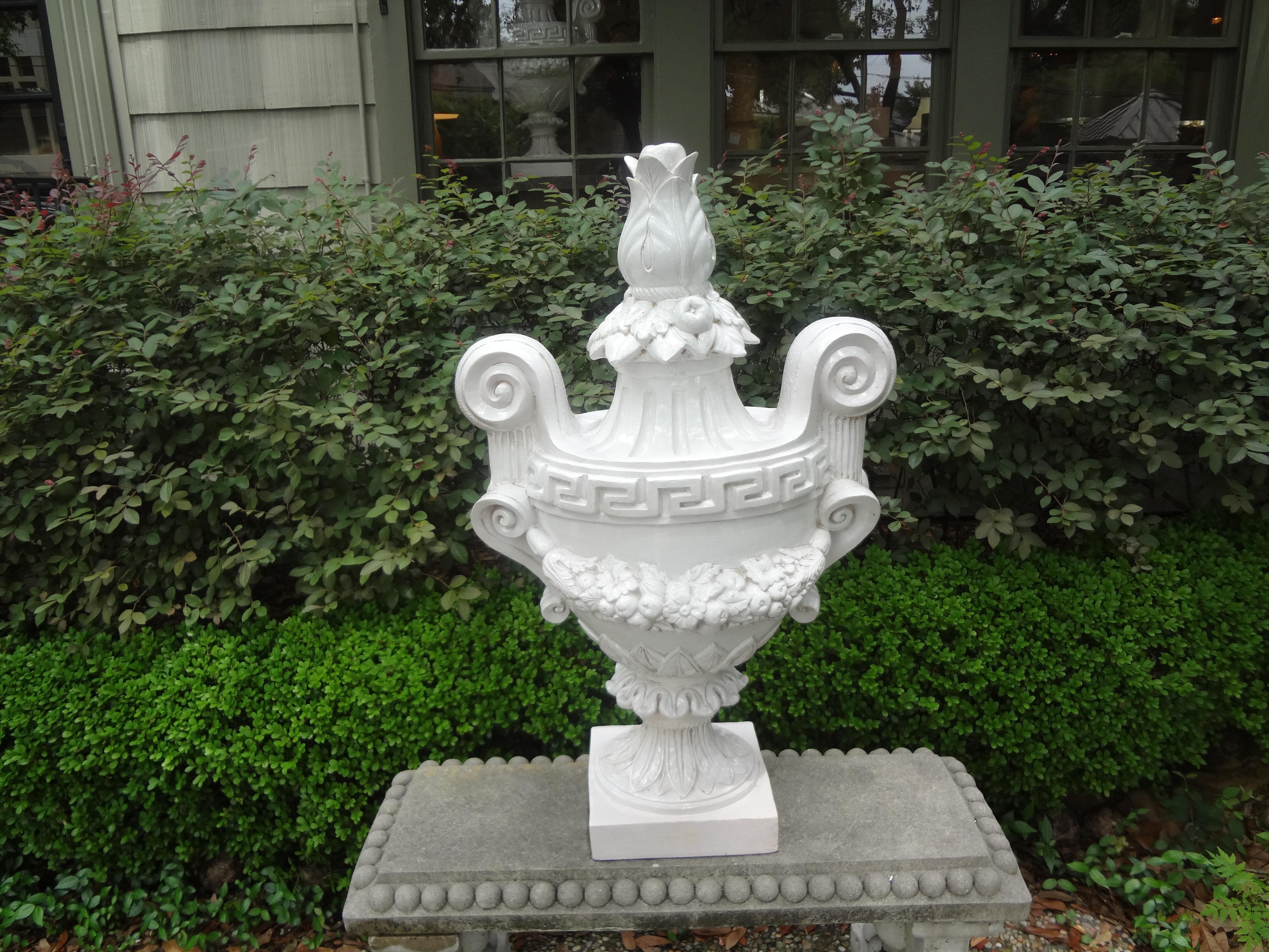 Monumental Pair of Italian Neoclassical Style Glazed Terracotta Urns 7
