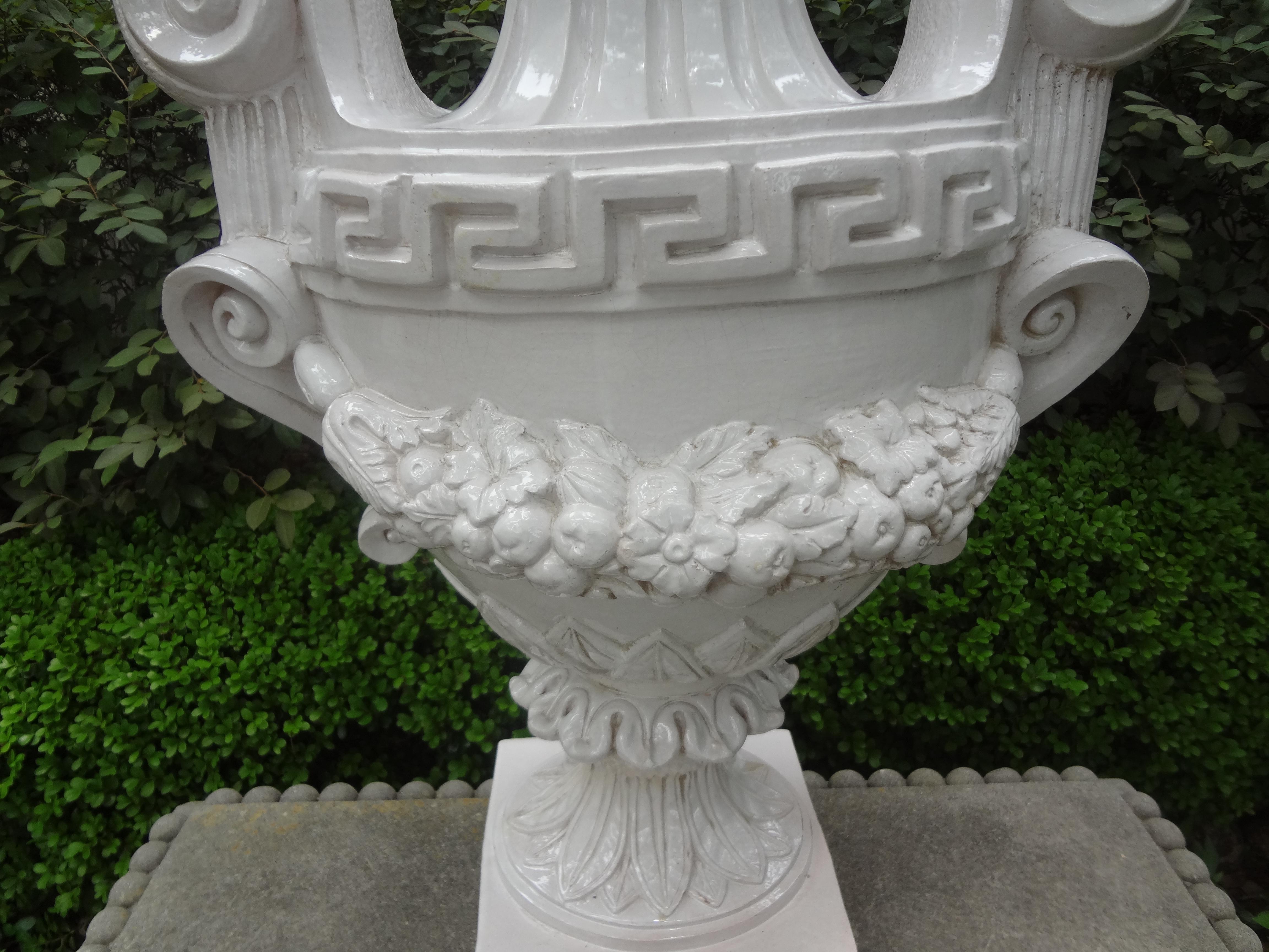 Mid-20th Century Monumental Pair of Italian Neoclassical Style Glazed Terracotta Urns