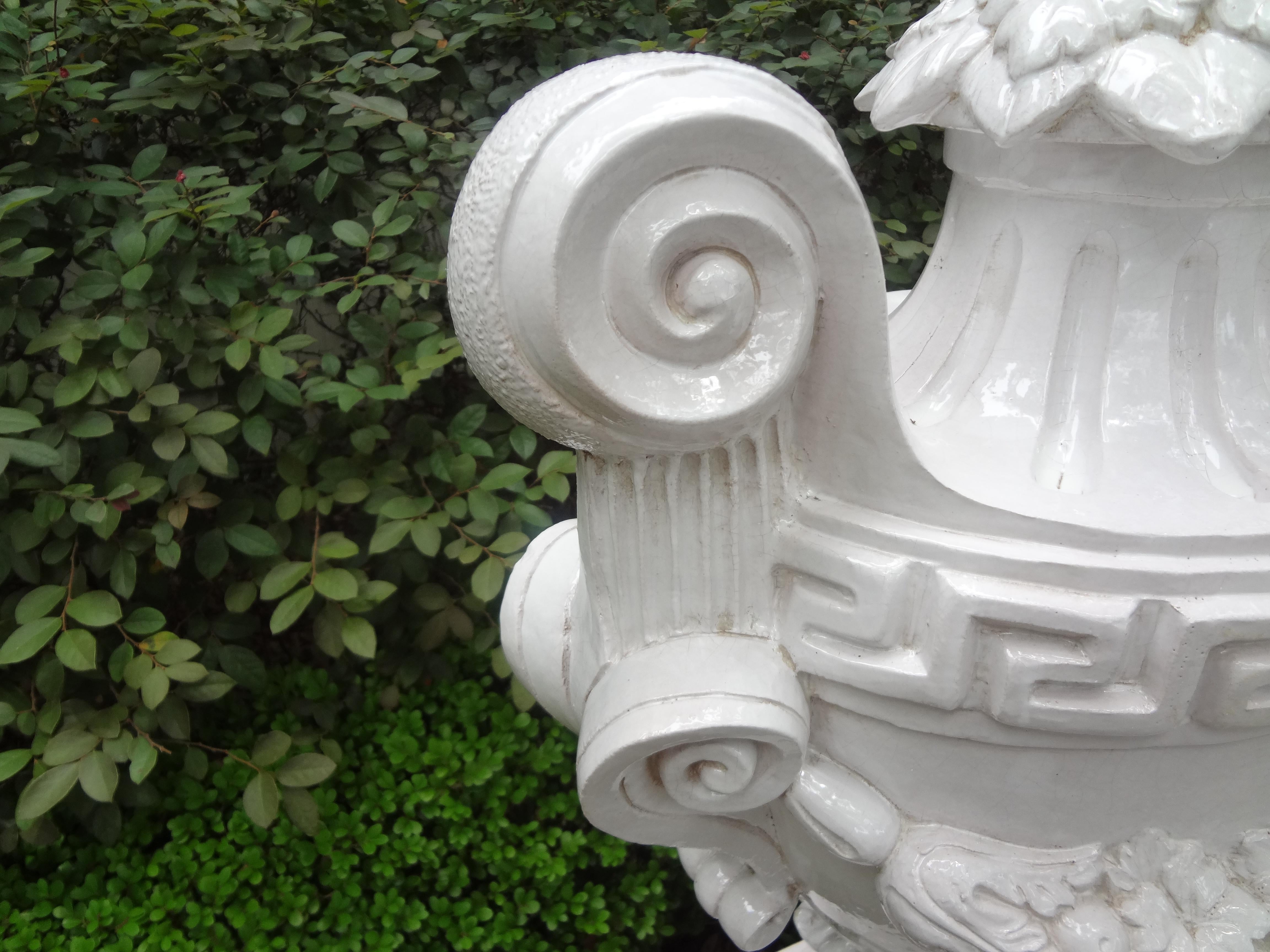 Monumental Pair of Italian Neoclassical Style Glazed Terracotta Urns 1