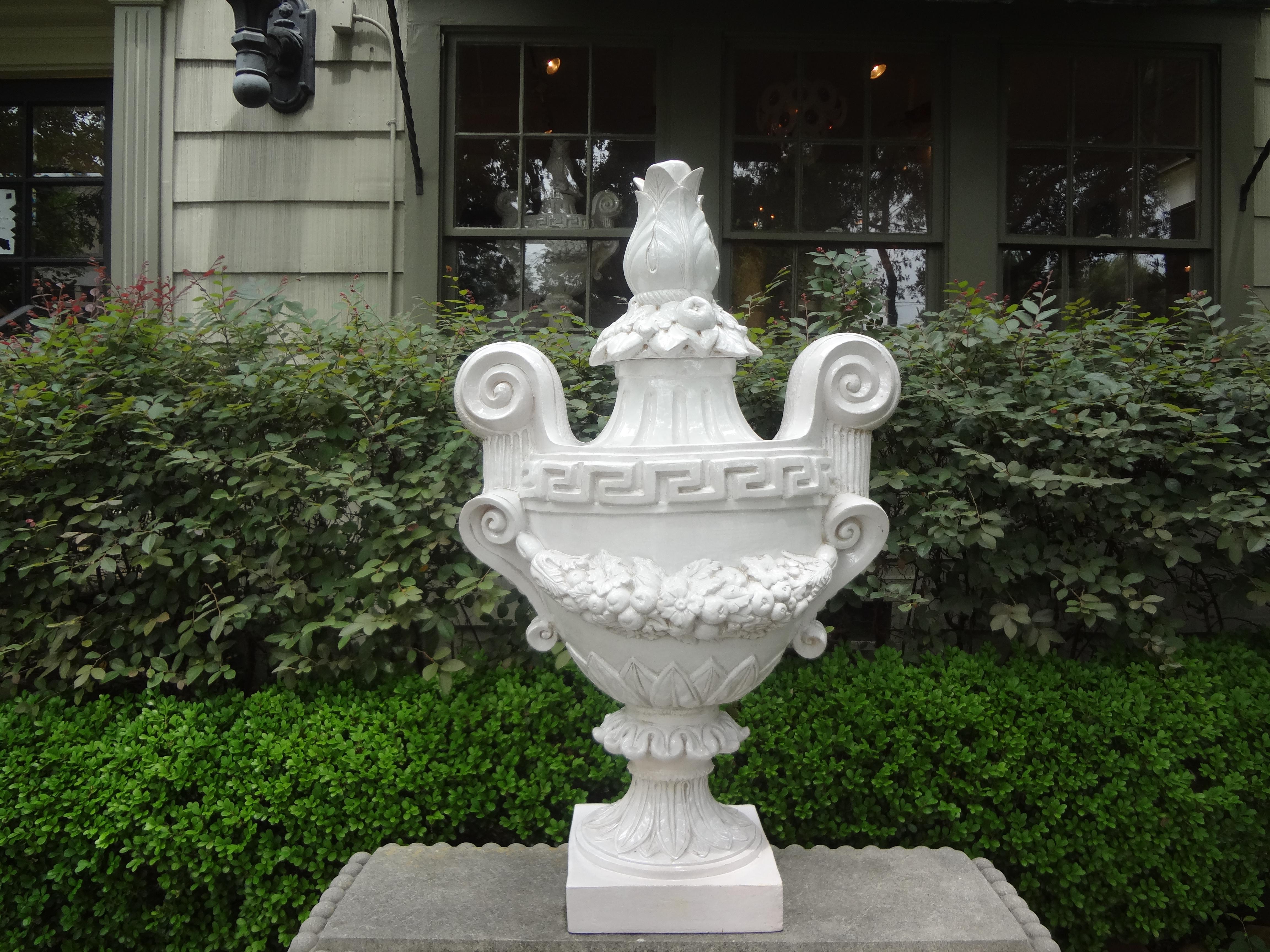 Monumental Pair of Italian Neoclassical Style Glazed Terracotta Urns 5