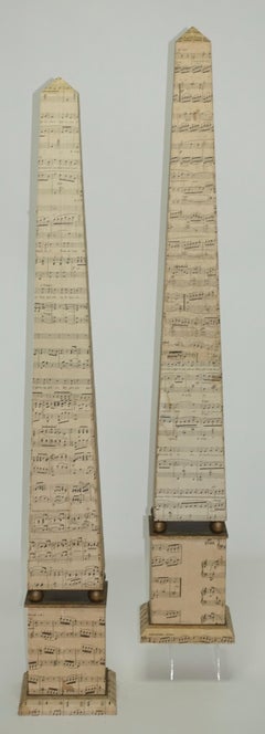 Monumental Pair of Italian Obelisks Covered in 19th Century Sheet Music