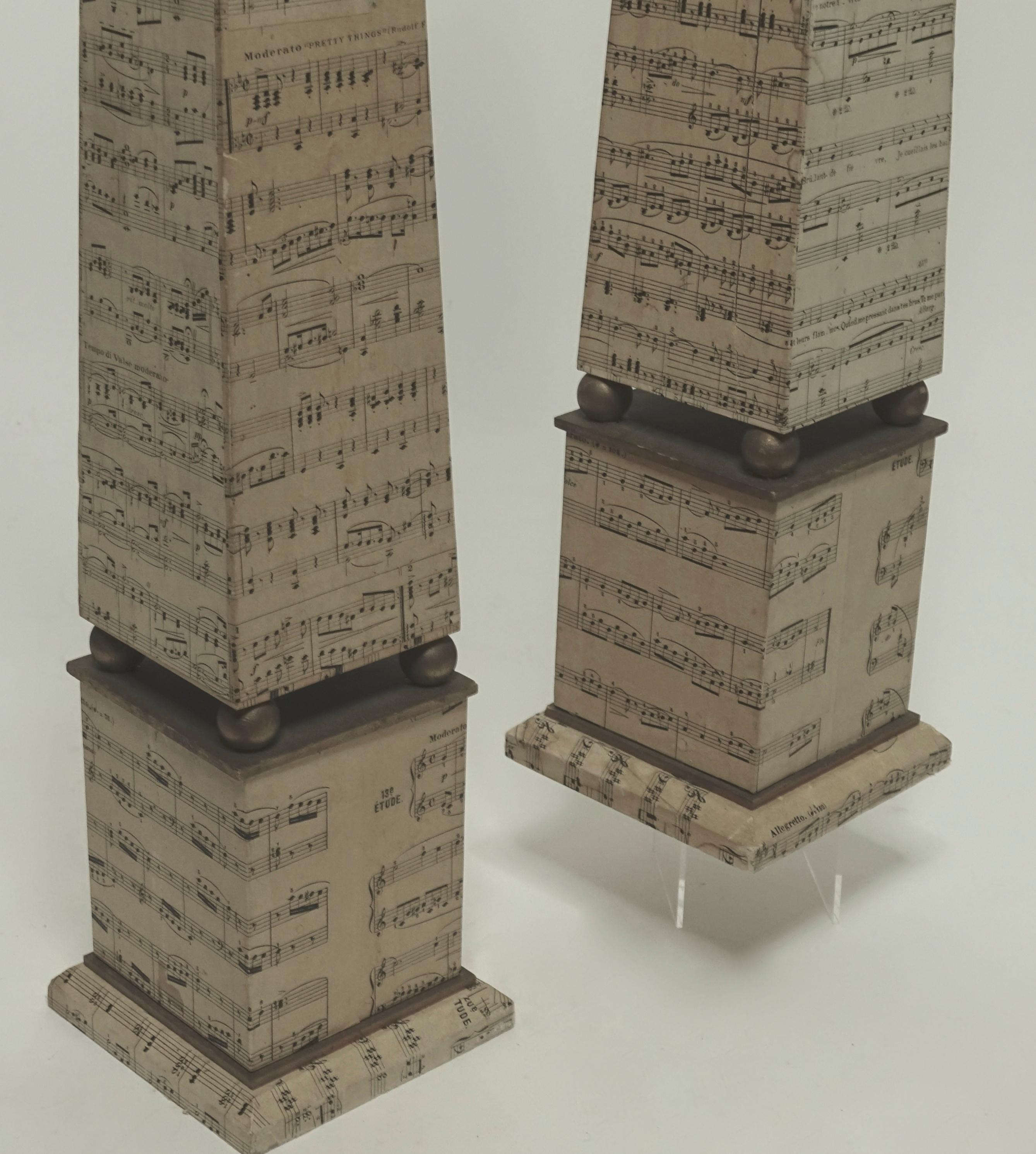 Monumental Pair of Italian Obelisks Covered in 19th Century Sheet Music In Good Condition For Sale In San Francisco, CA