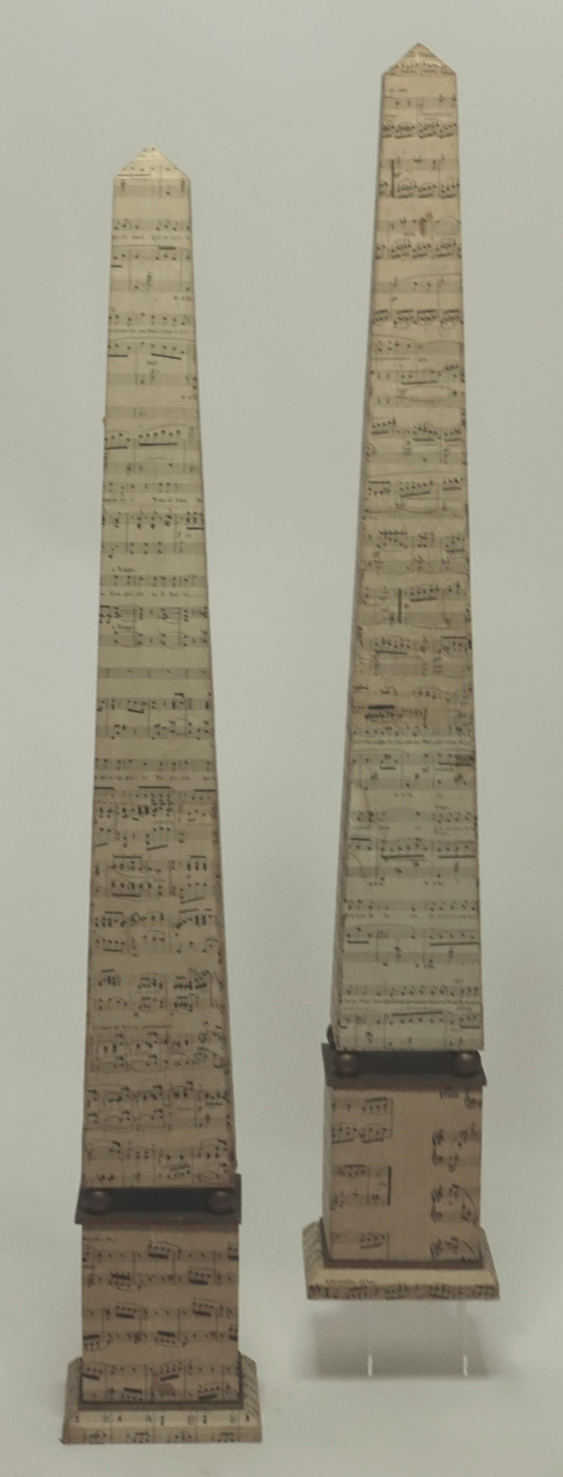 20th Century Monumental Pair of Italian Obelisks Covered in 19th Century Sheet Music For Sale
