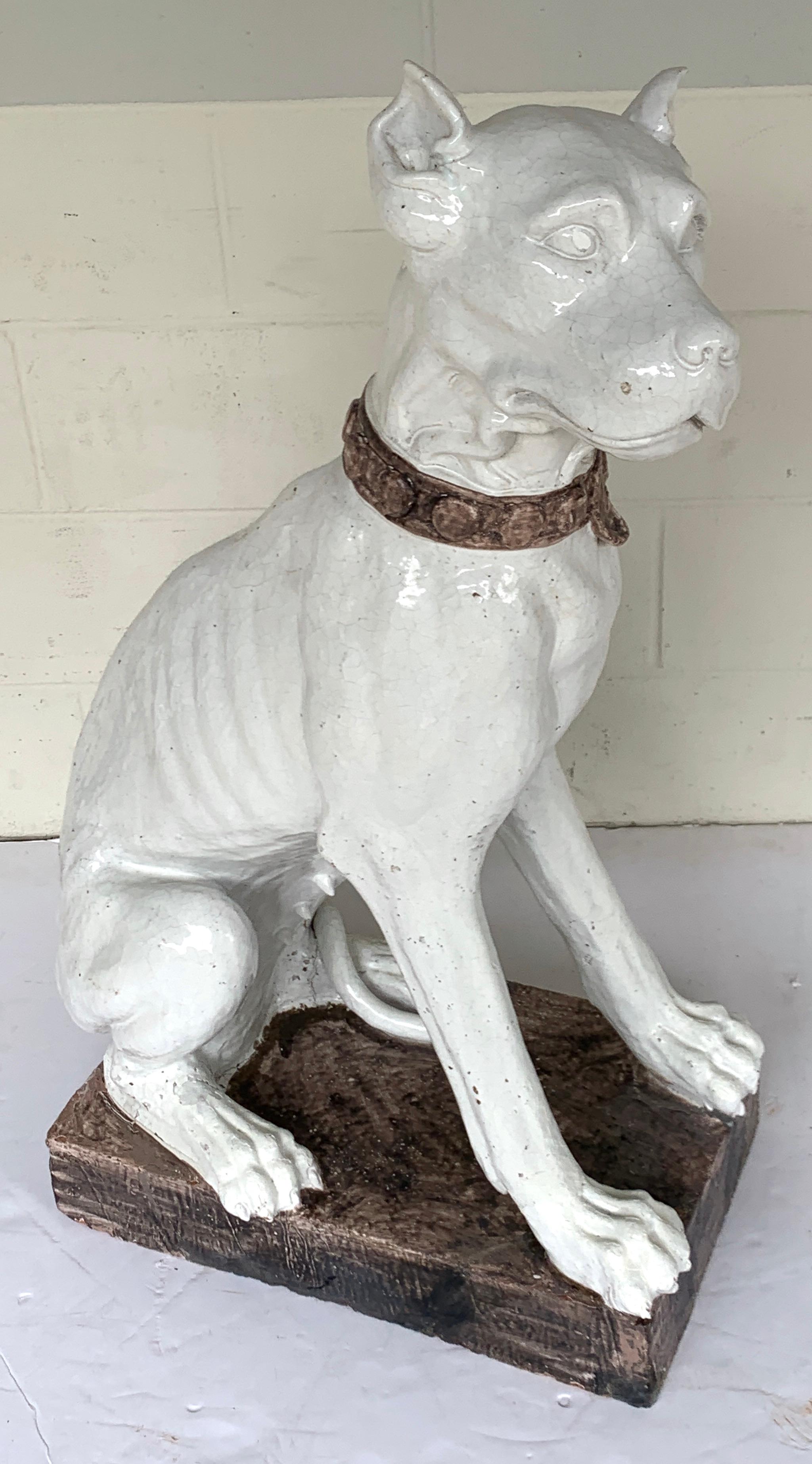 Monumental Pair of Italian Pottery Figures Seated White Great Danes with Collars For Sale 9