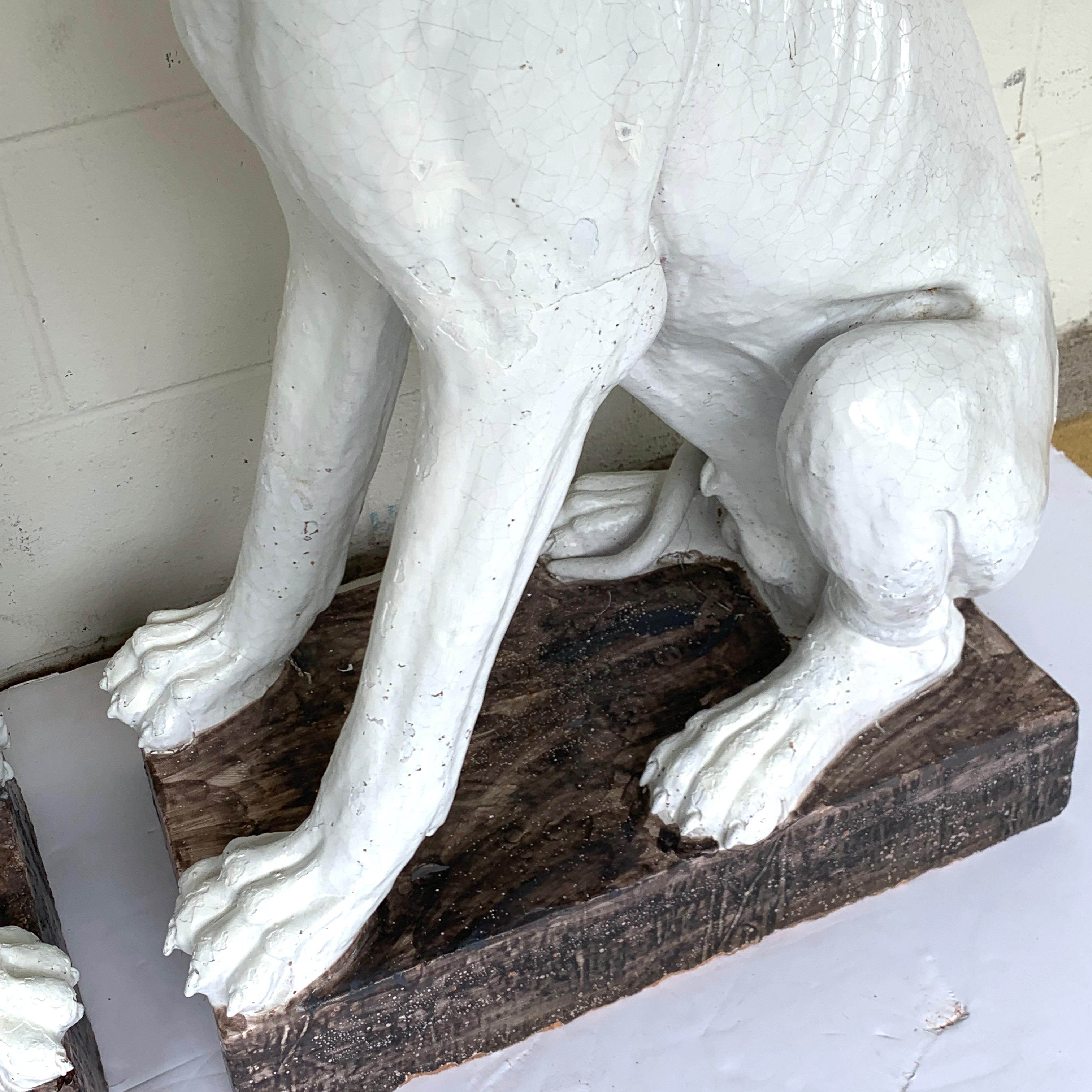Painted Monumental Pair of Italian Pottery Figures Seated White Great Danes with Collars For Sale