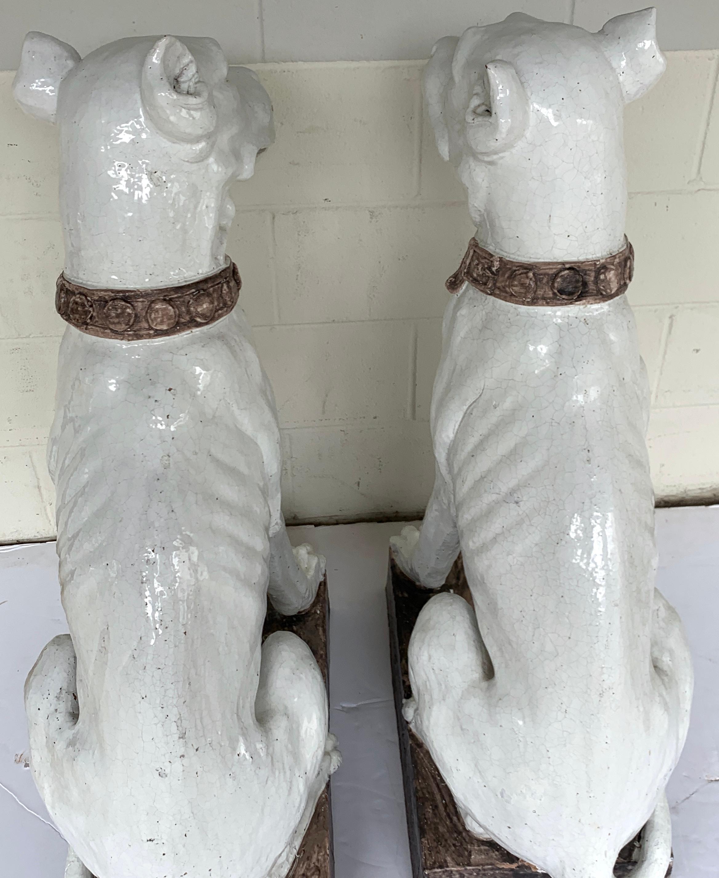 20th Century Monumental Pair of Italian Pottery Figures Seated White Great Danes with Collars For Sale