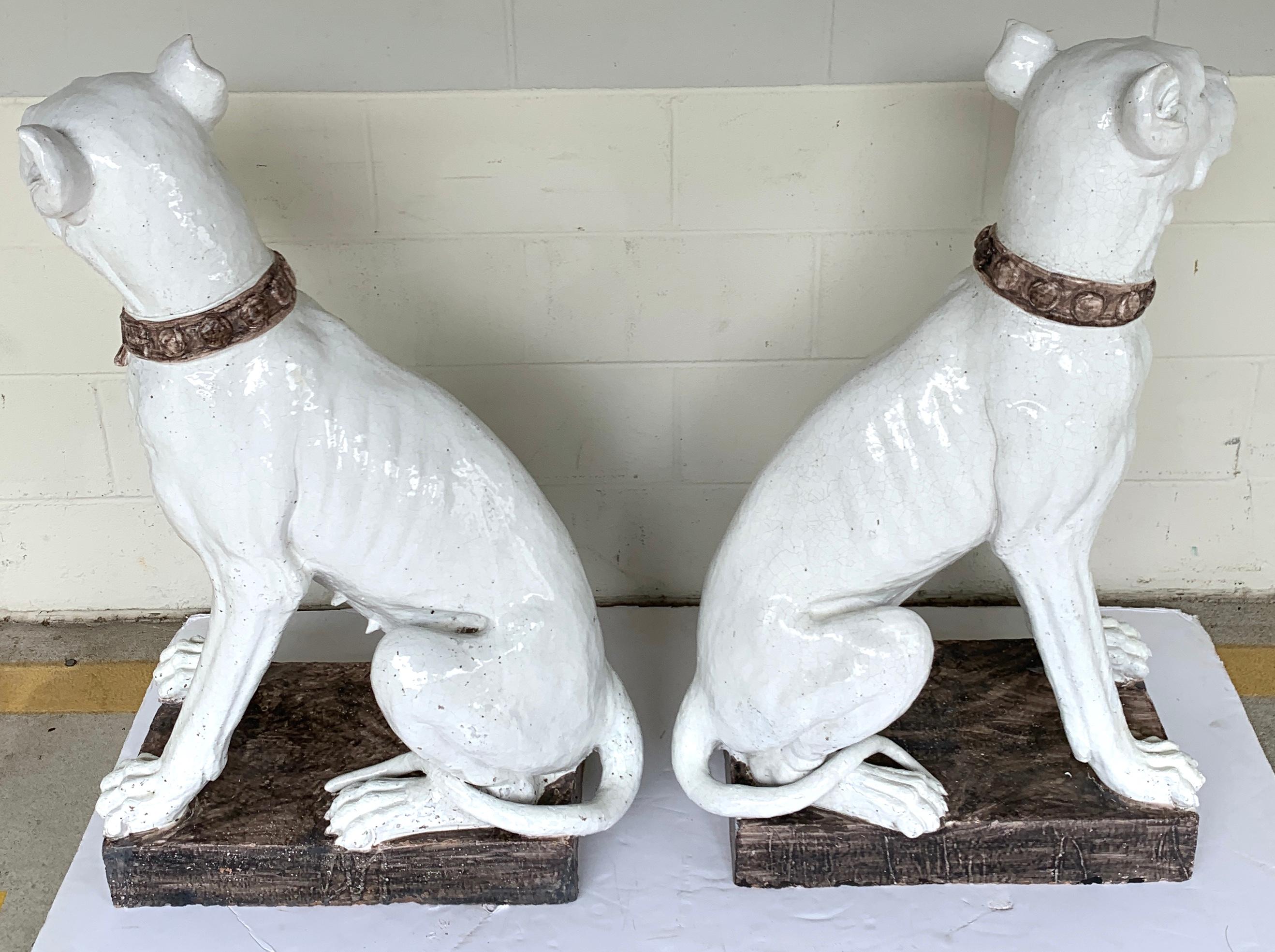 Monumental Pair of Italian Pottery Figures Seated White Great Danes with Collars For Sale 1