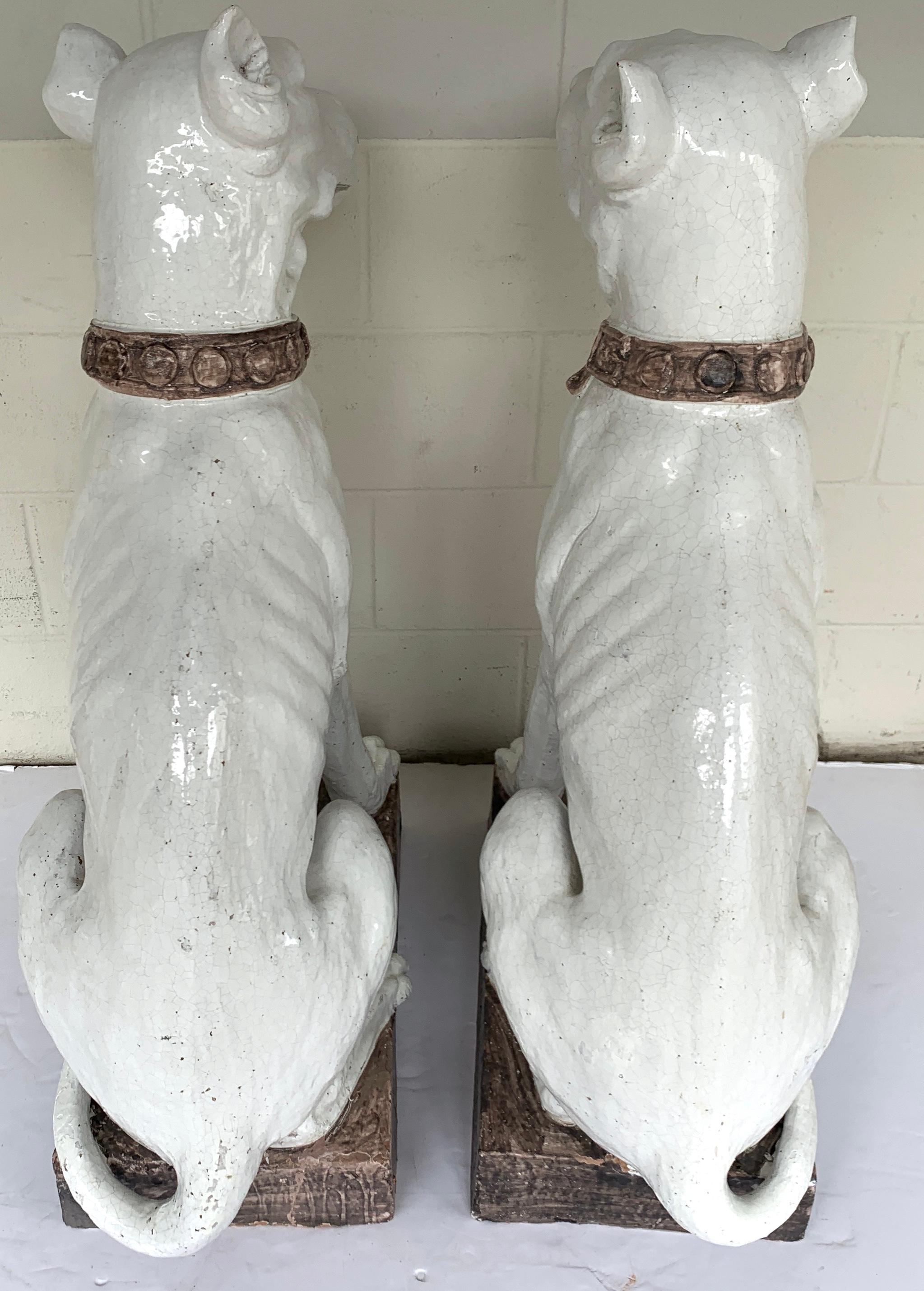 Monumental Pair of Italian Pottery Figures Seated White Great Danes with Collars For Sale 2